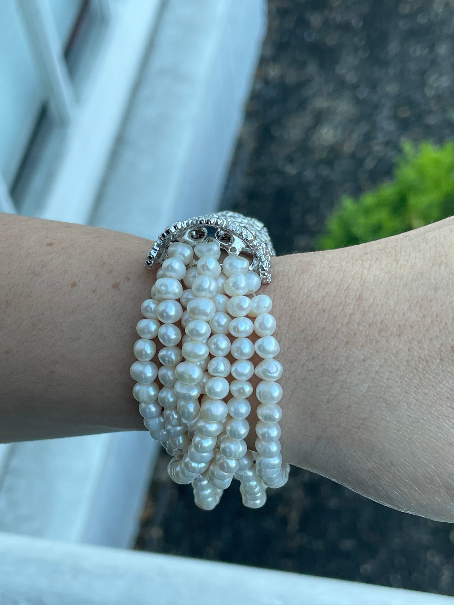 925 Sterling Silver Multi Stranded Pearl Art Deco Bridal / Prom Day Bracelet