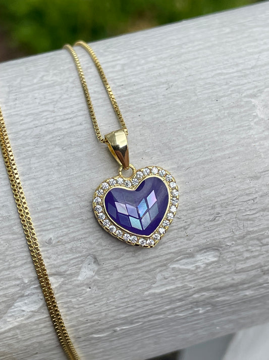 925 Sterling Silver Vermeil Purple Mosaic Mother of Pearl Heart Necklace 16”-18”