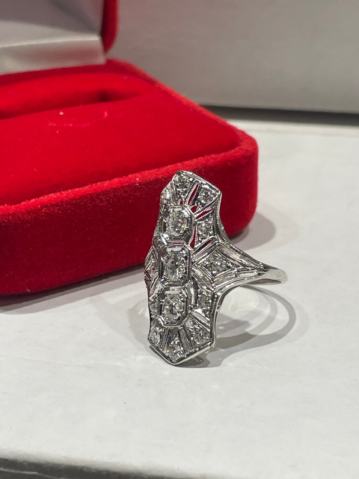 Antique Platinum Art Deco Past Present Future Ring Size 7.5