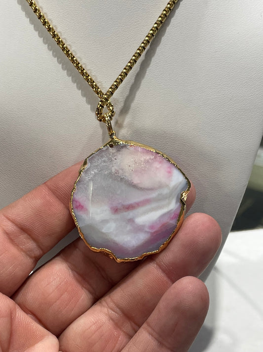 Stainless Steel Vermeil Natural White & Pink Agate Necklace