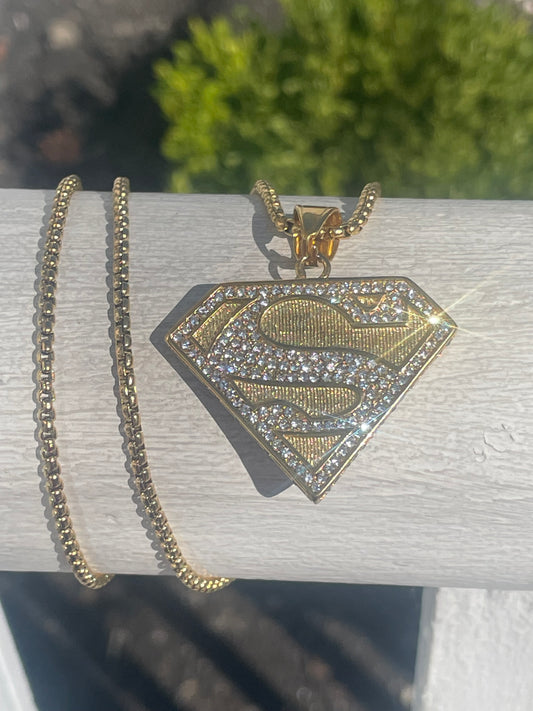 Stainless Steel Gold Color Sparkling Superman Logo Necklace