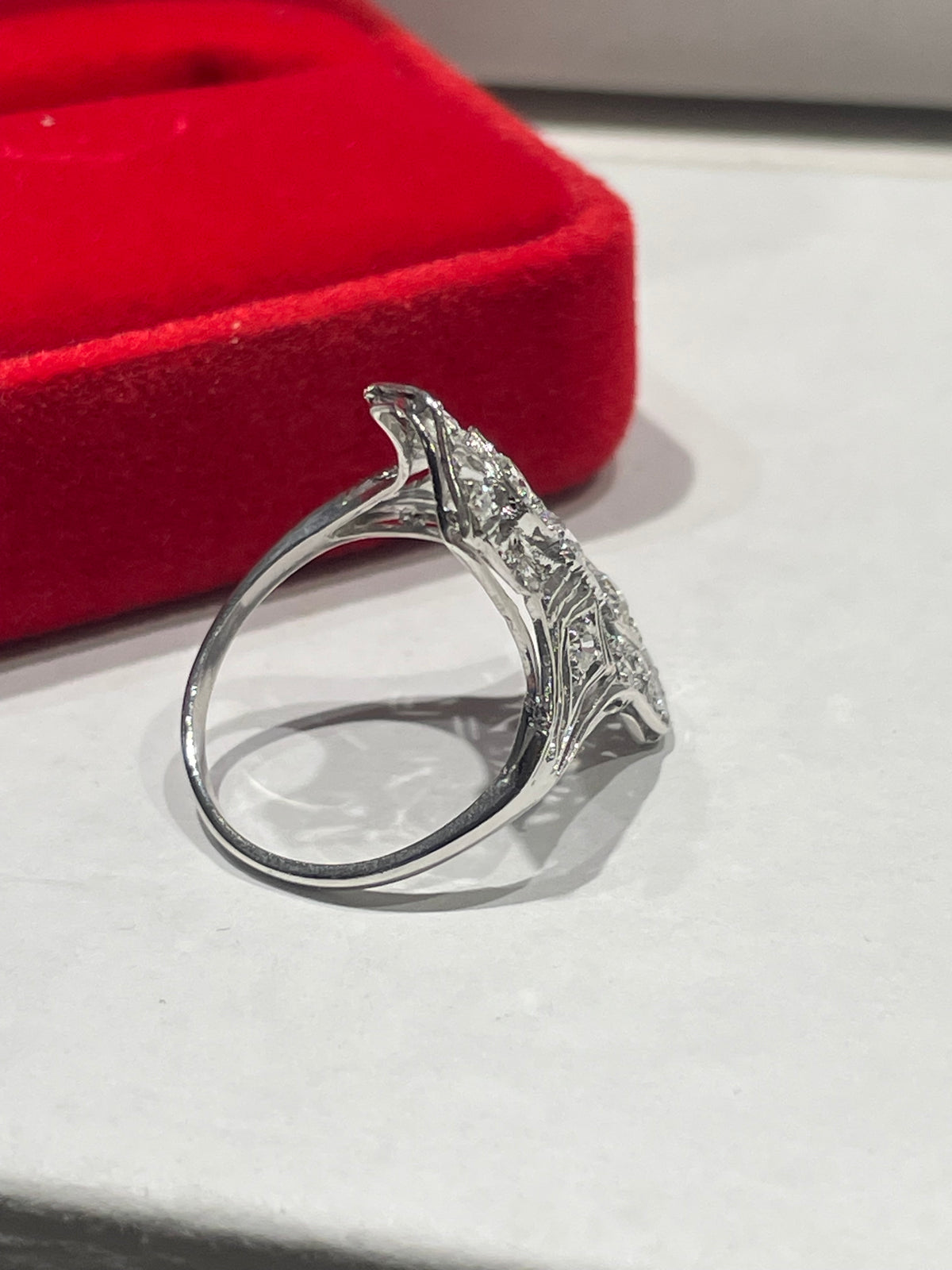 Antique Platinum Art Deco Past Present Future Ring Size 7.5