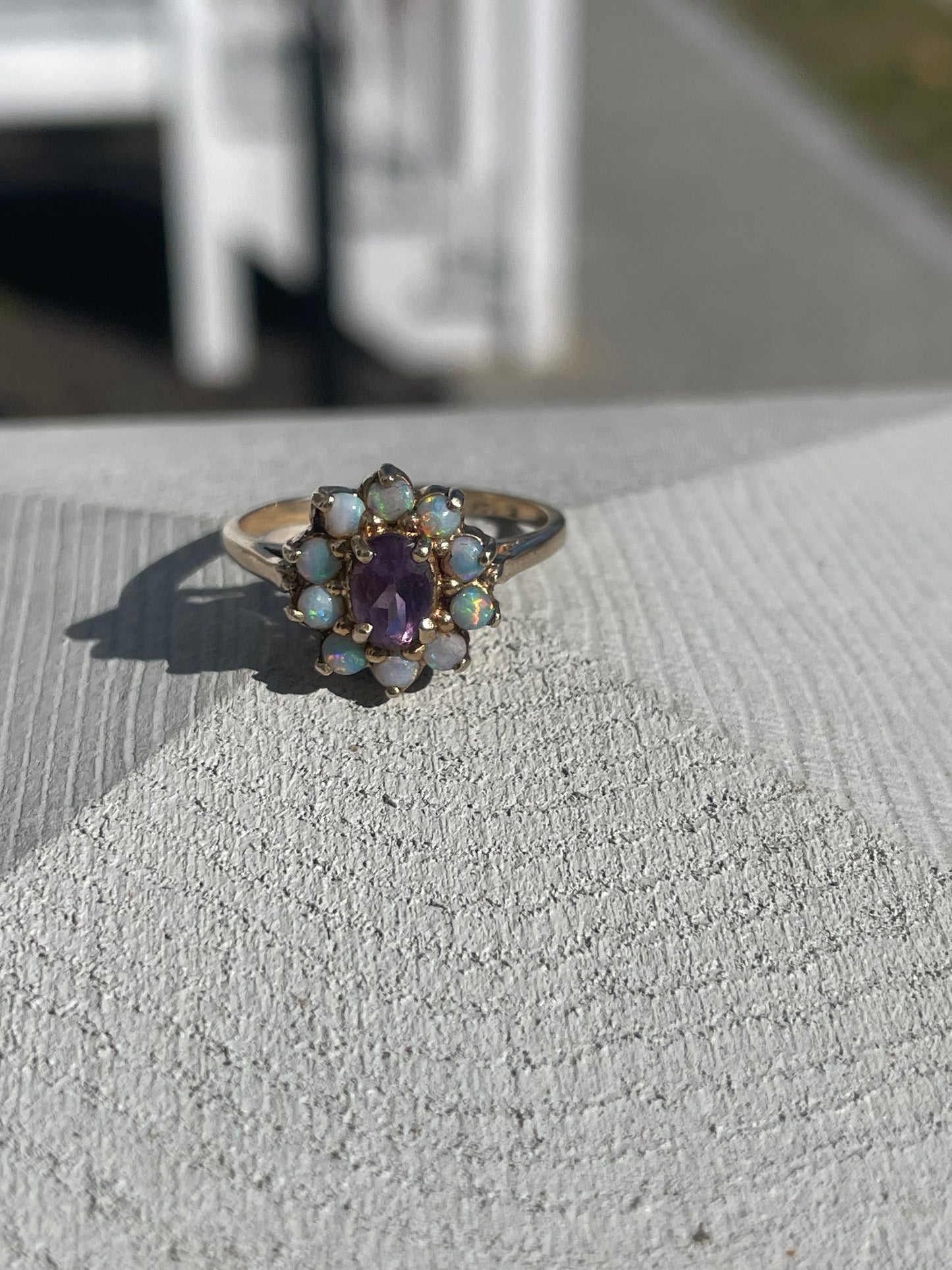 14k Gold Natural Amethyst & Opal Cluster Ring Size 7.5