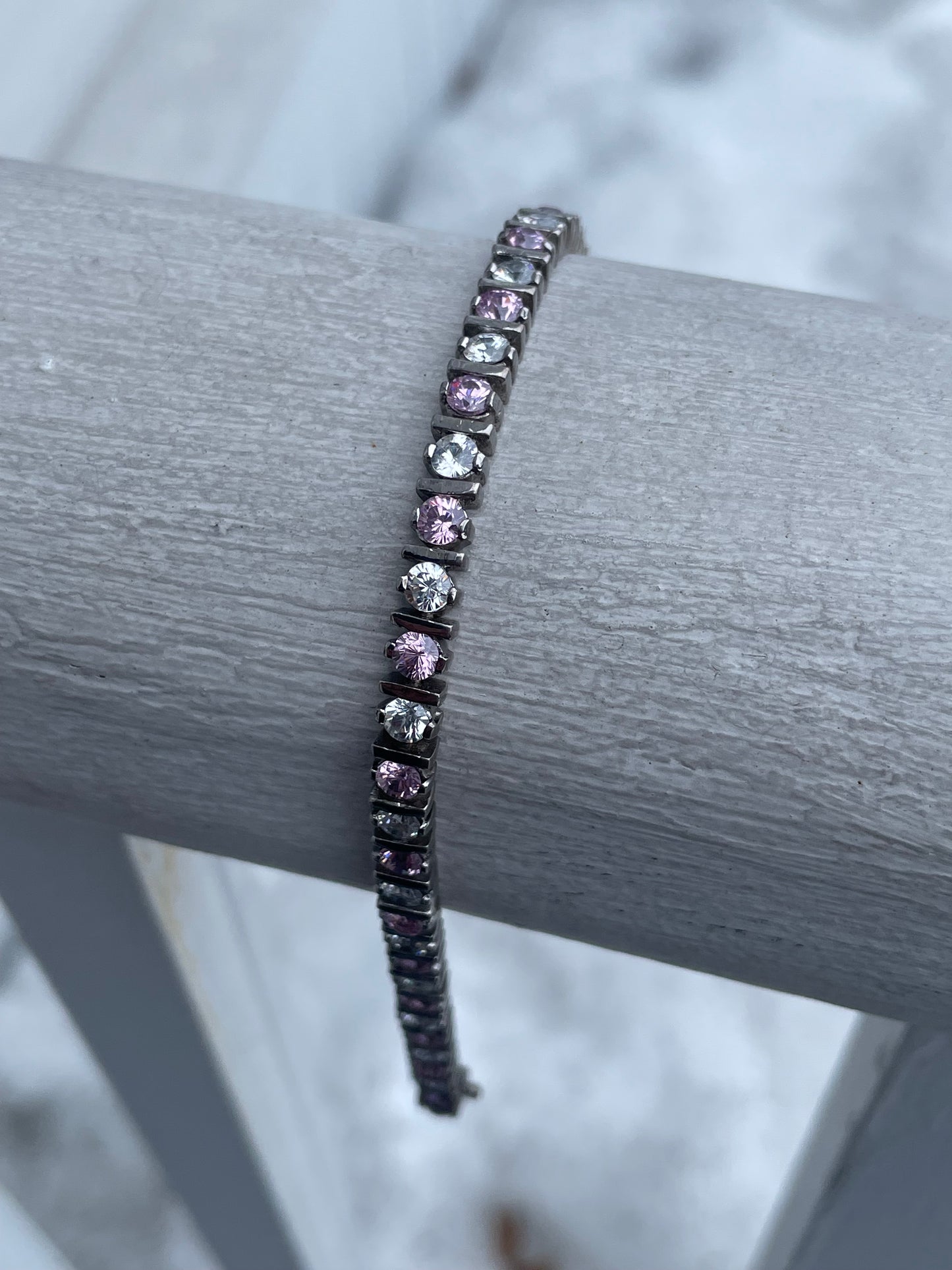 925 Sterling Silver Pink & Clear Cz Tennis Bracelet 7.5”