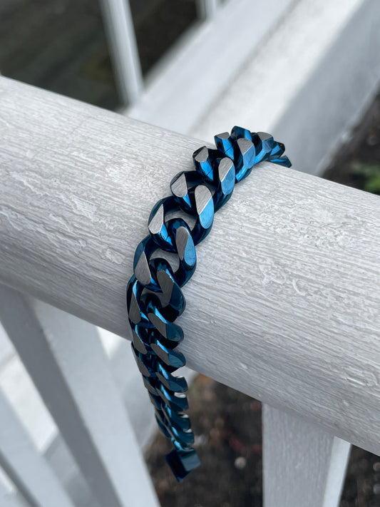 Stainless Steel Blue Rhodium Mens Cuban Link Bracelet