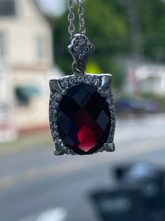 925 Sterling Silver Garnet & Clear Zirconia Power Necklace 18”
