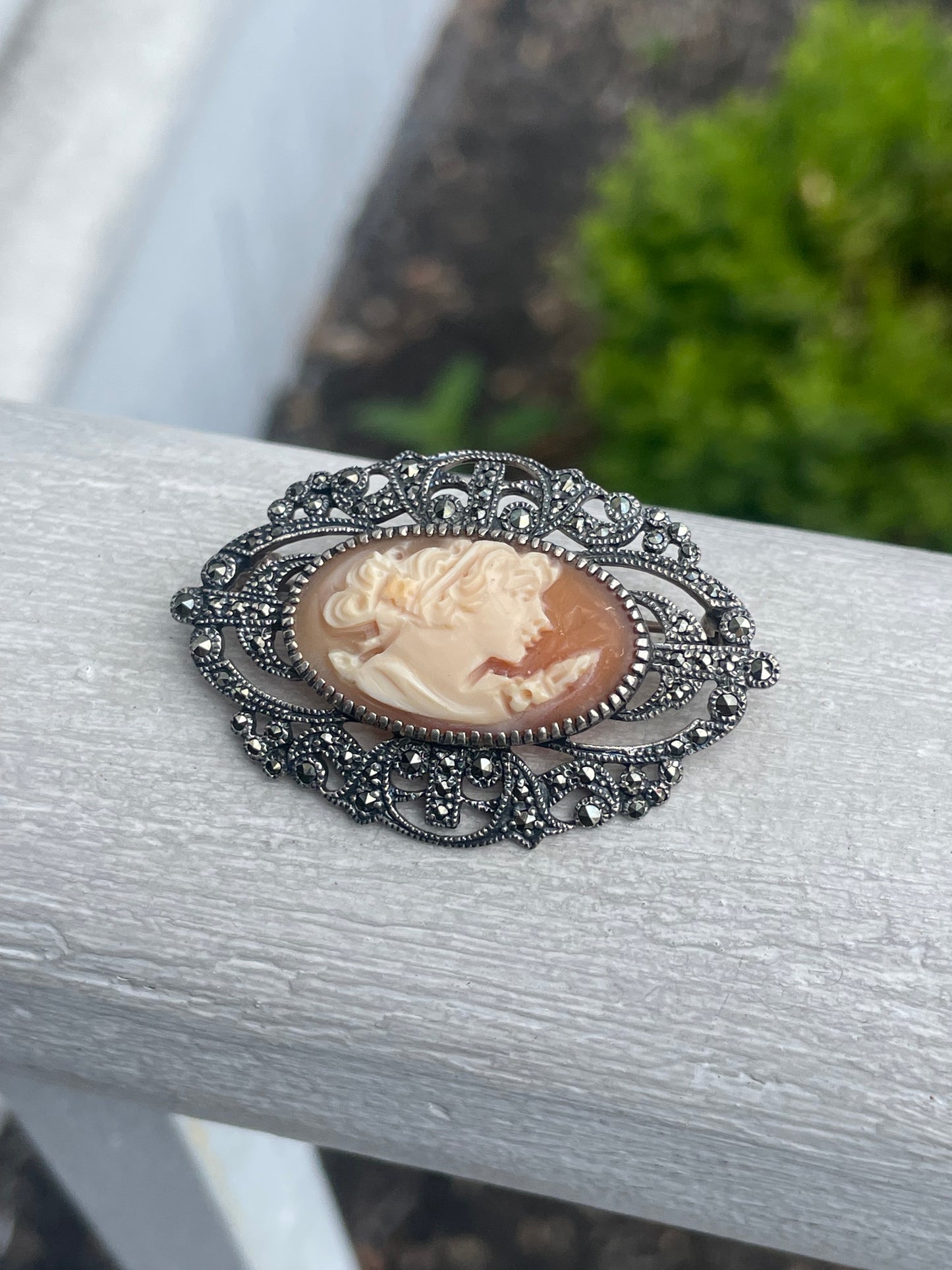 Designer Heirloom 73 Marcasite Cameo 925 Sterling Silver Brooch