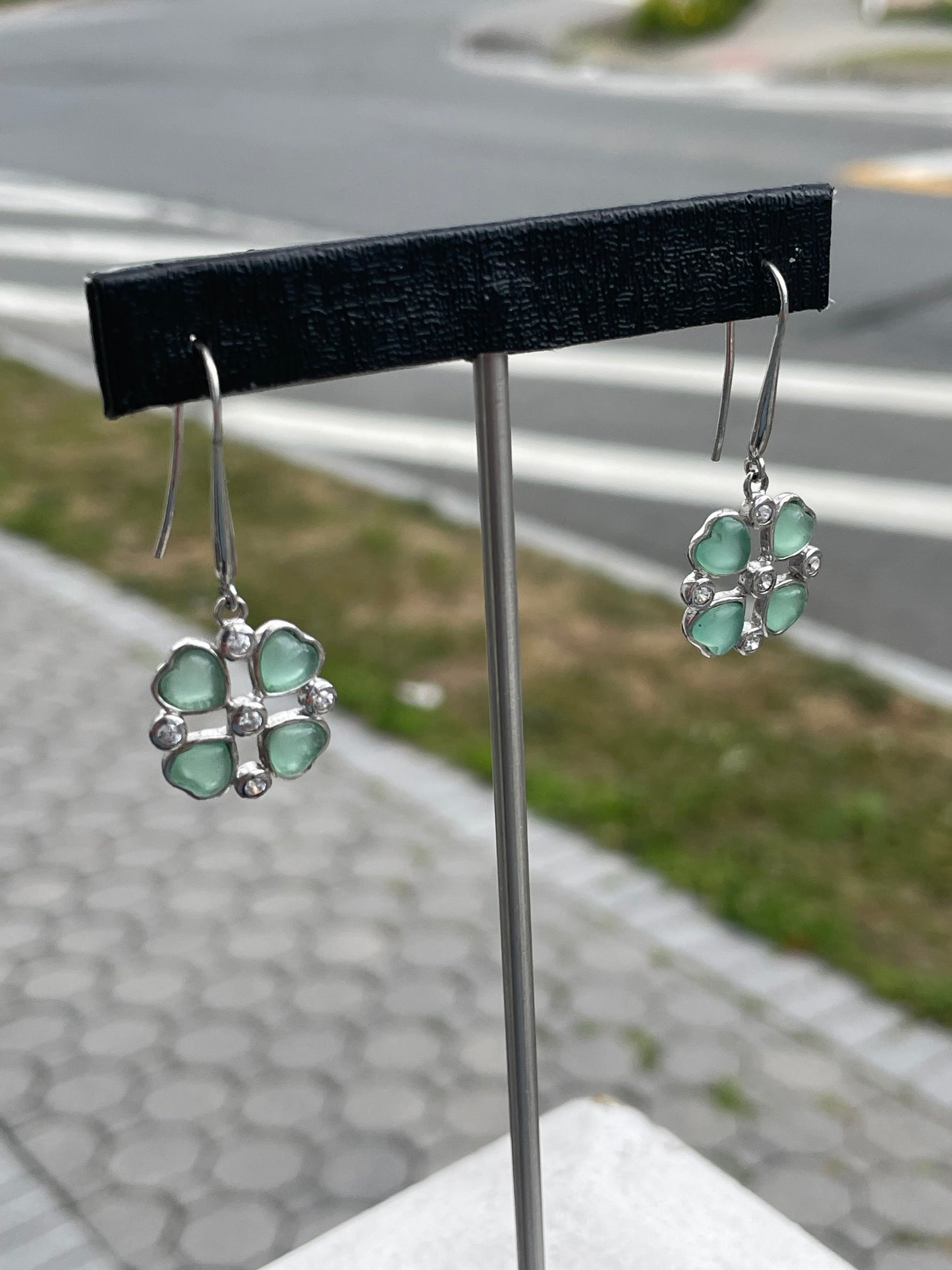 925 Sterling Silver Green Aventurine 4-Leaf Heart Clover Dangle Earrings