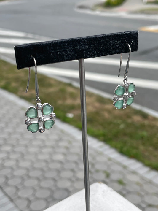 925 Sterling Silver Green Aventurine 4-Leaf Heart Clover Dangle Earrings
