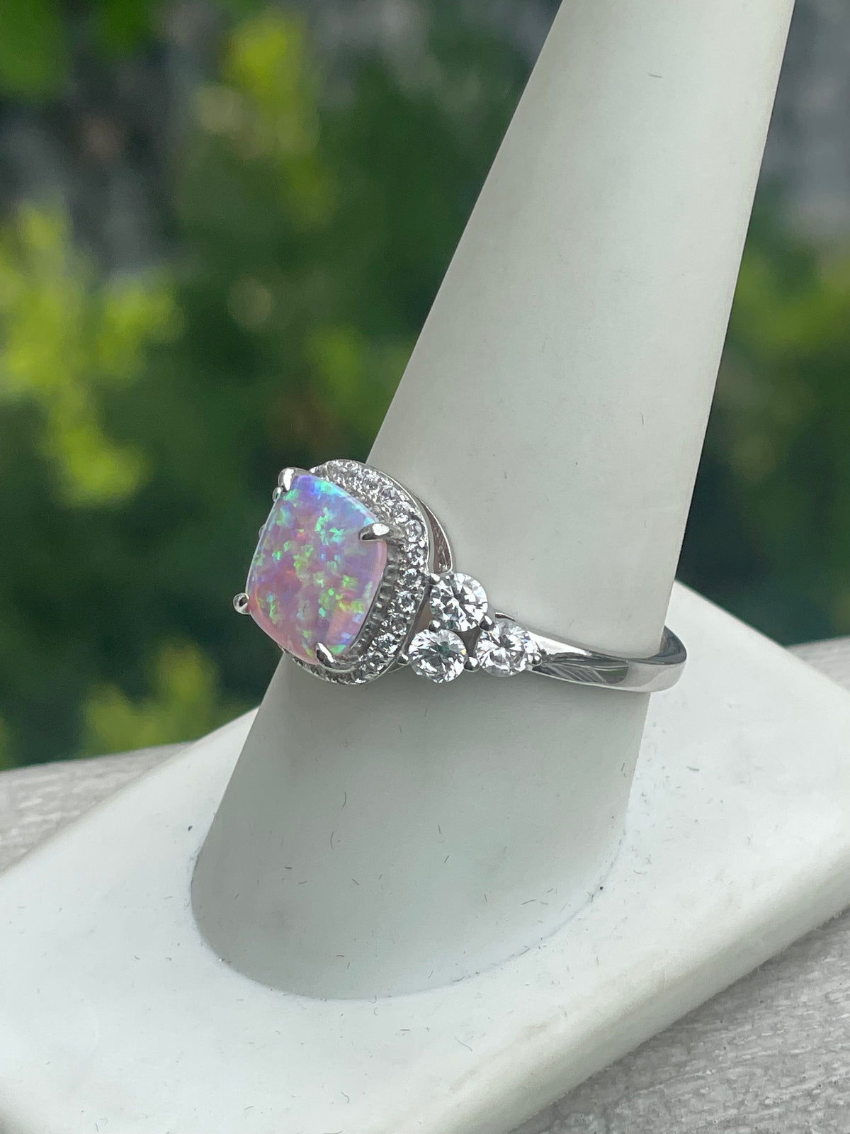 925 Sterling Silver Opal & Cz Cluster Ring Size 9