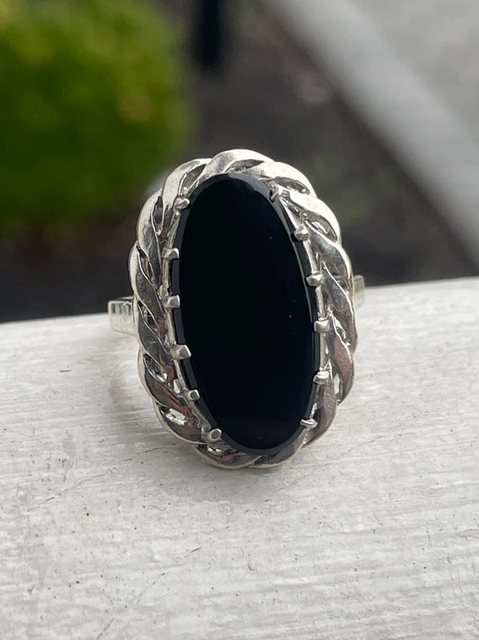 925 Sterling Silver Oval Black Onyx Signet Solitaire Ring Size 7