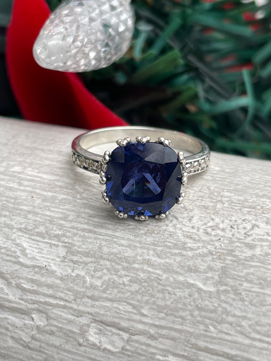 925 Sterling Silver Simulated Sapphire Solitaire Ring Size 8