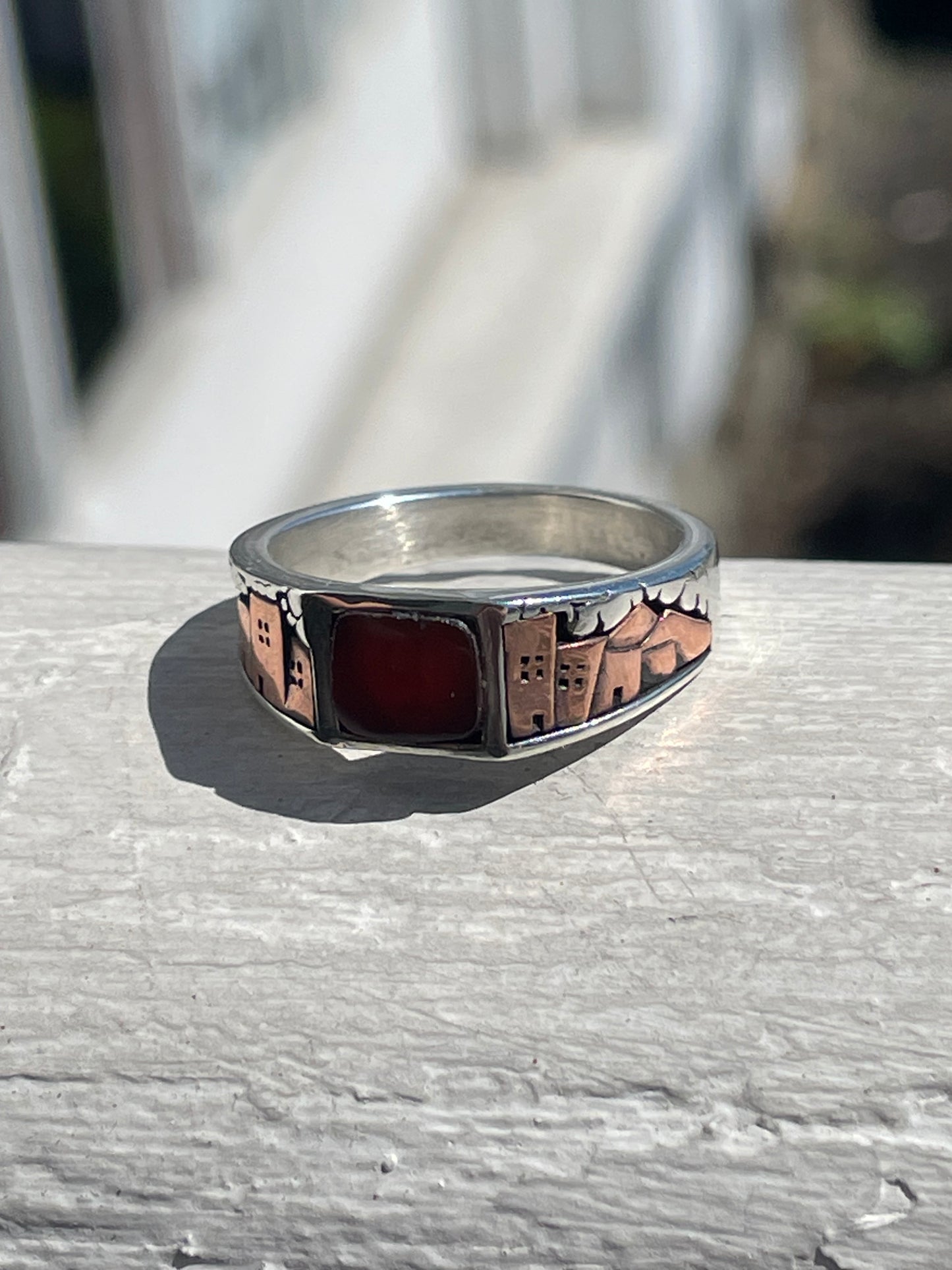 Designer WJ Waldeck Johnson 925 Sterling Silver & Copper Peru Village Carnelian Stone Ring Size 9
