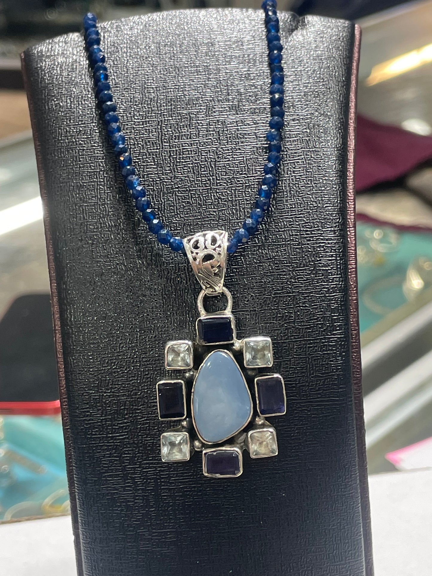 925 Sterling Silver Natural Sapphire Necklace with Natural Chalcedon, Iolite, and Aquamarine Cluster Pendant