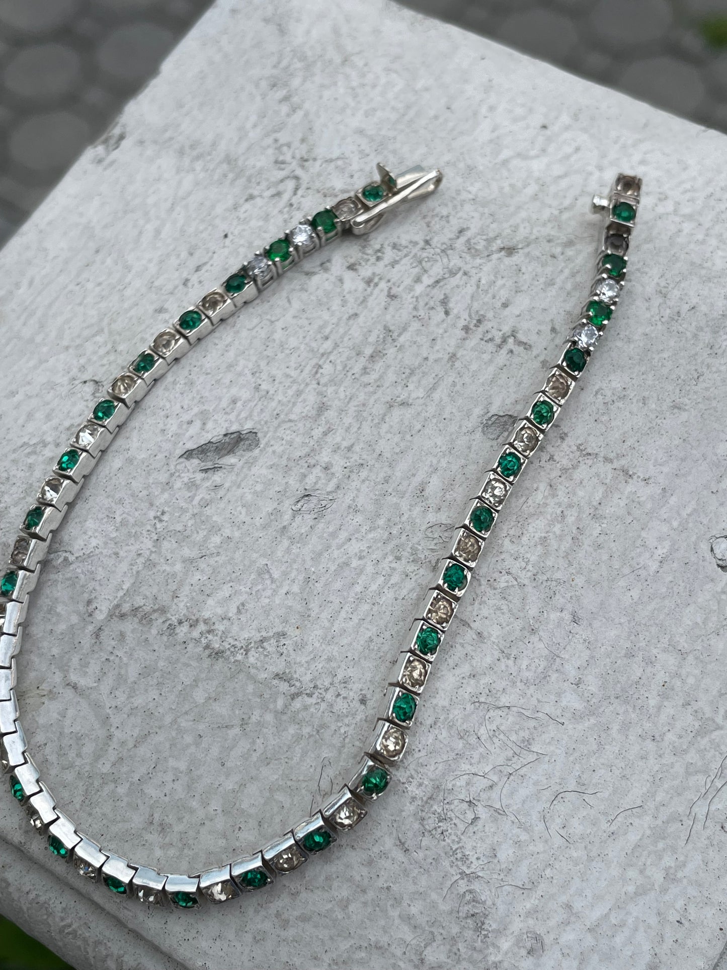 925 Sterling Silver Green & Clear Crystal Tennis Bracelet 8.5”