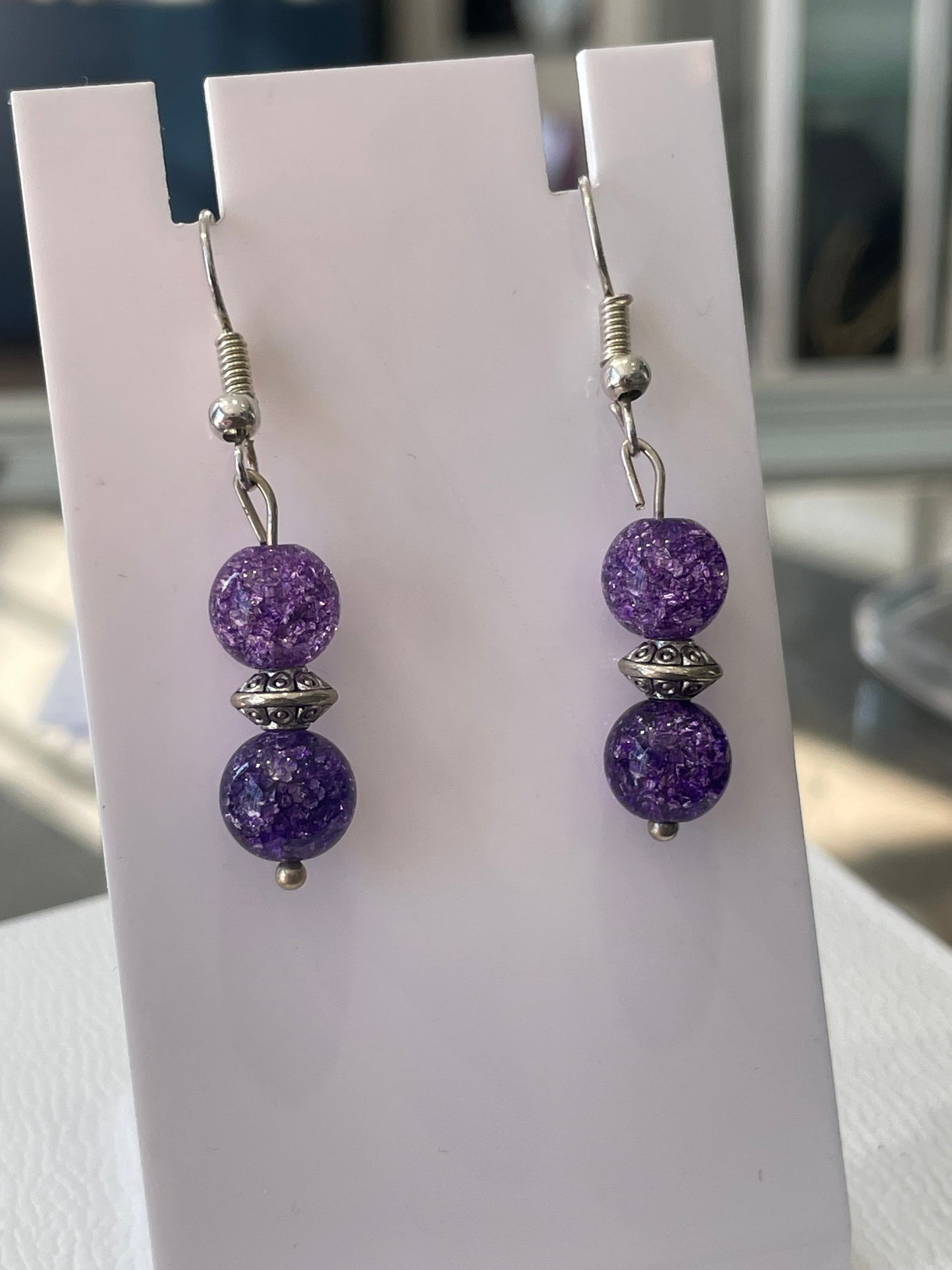 925 Sterling Silver Purple Disco Ball Bead Dangle Earrings
