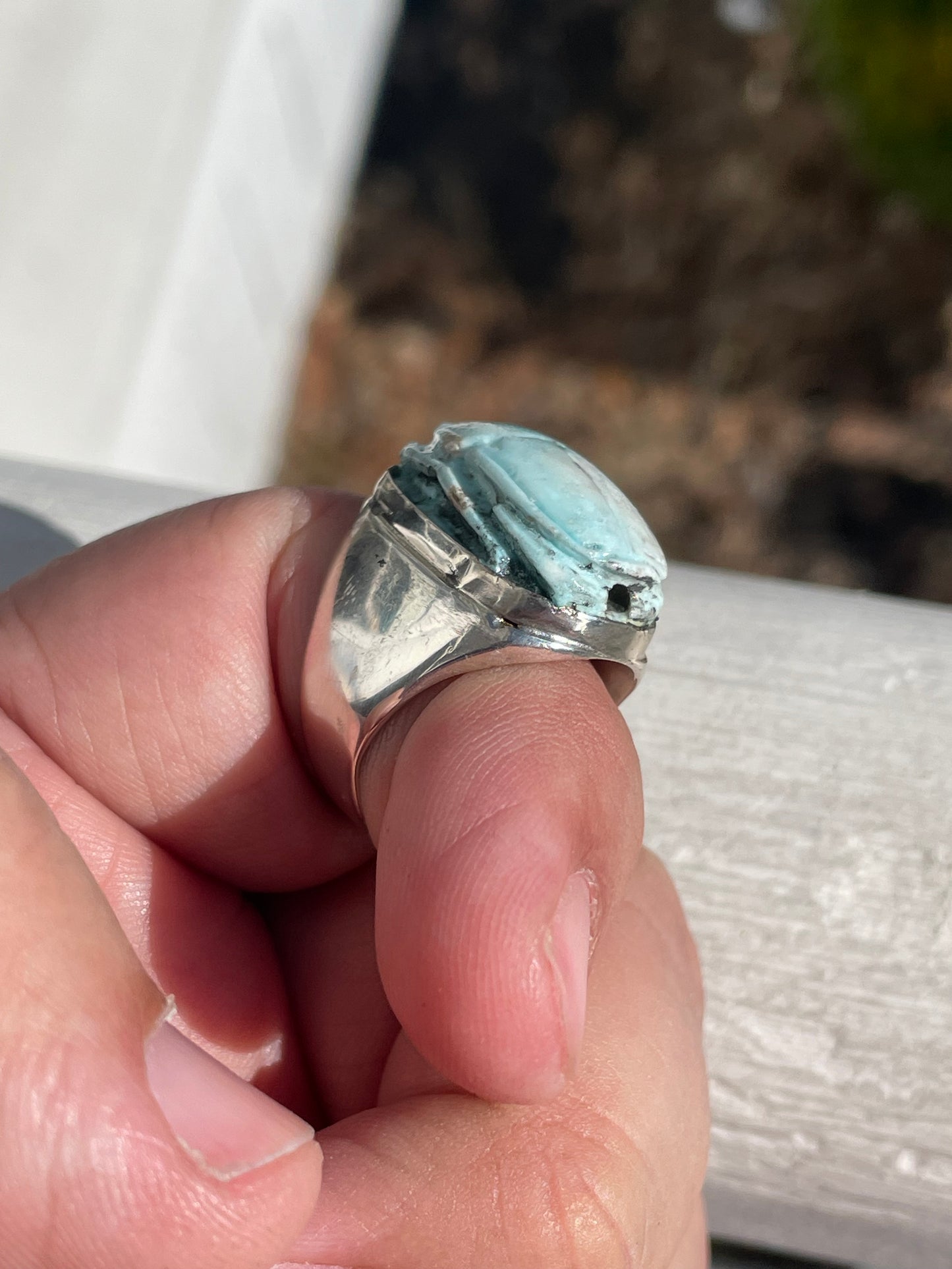 925 Sterling Silver Handmade Larimar Scarab Ring Size 7.5