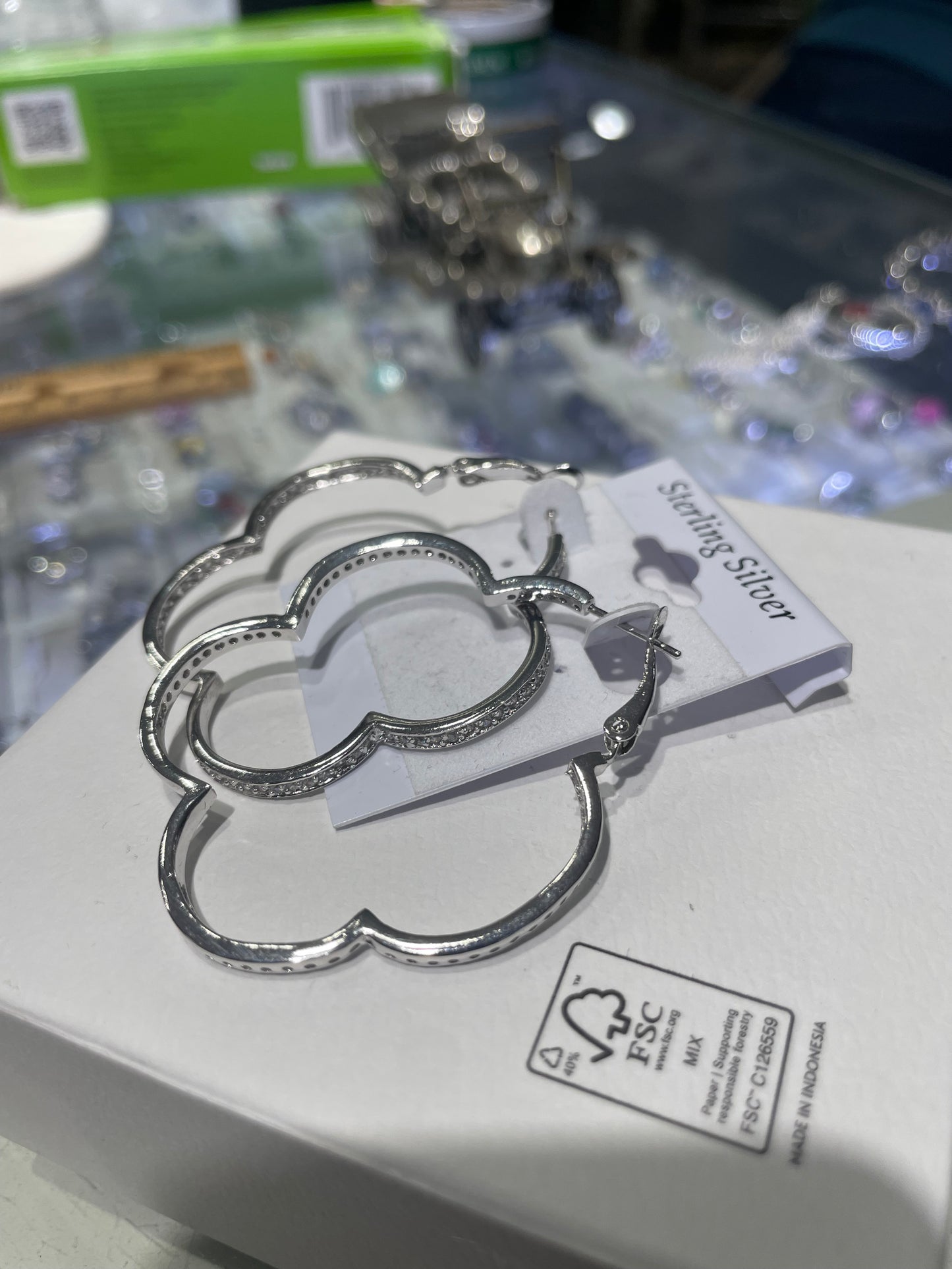 925 Sterling Silver Large Flower Cz Hoop Earrings