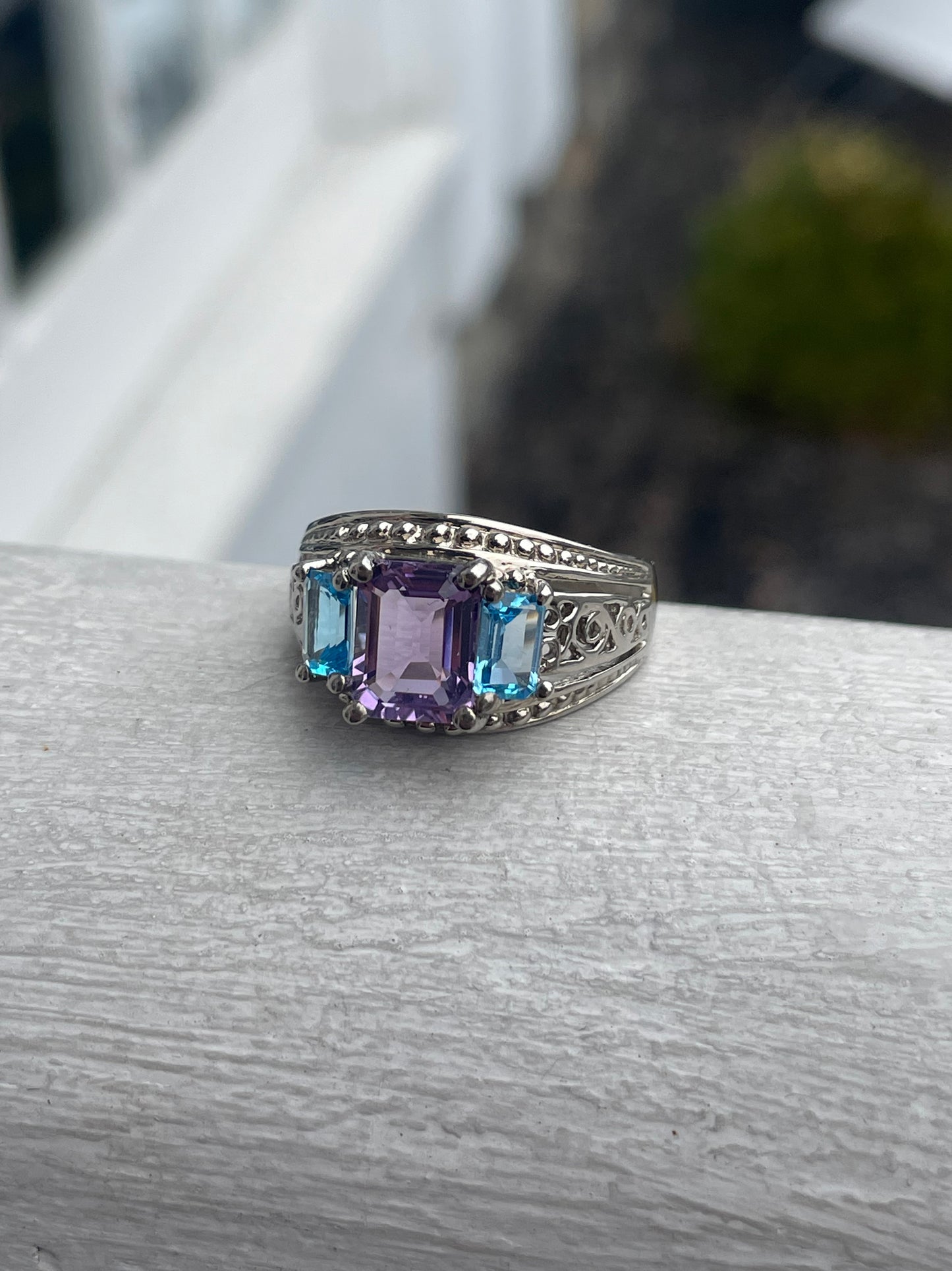 925 Sterling Silver Designer CJC past present future Blue topaz and amethyst ring size 10
