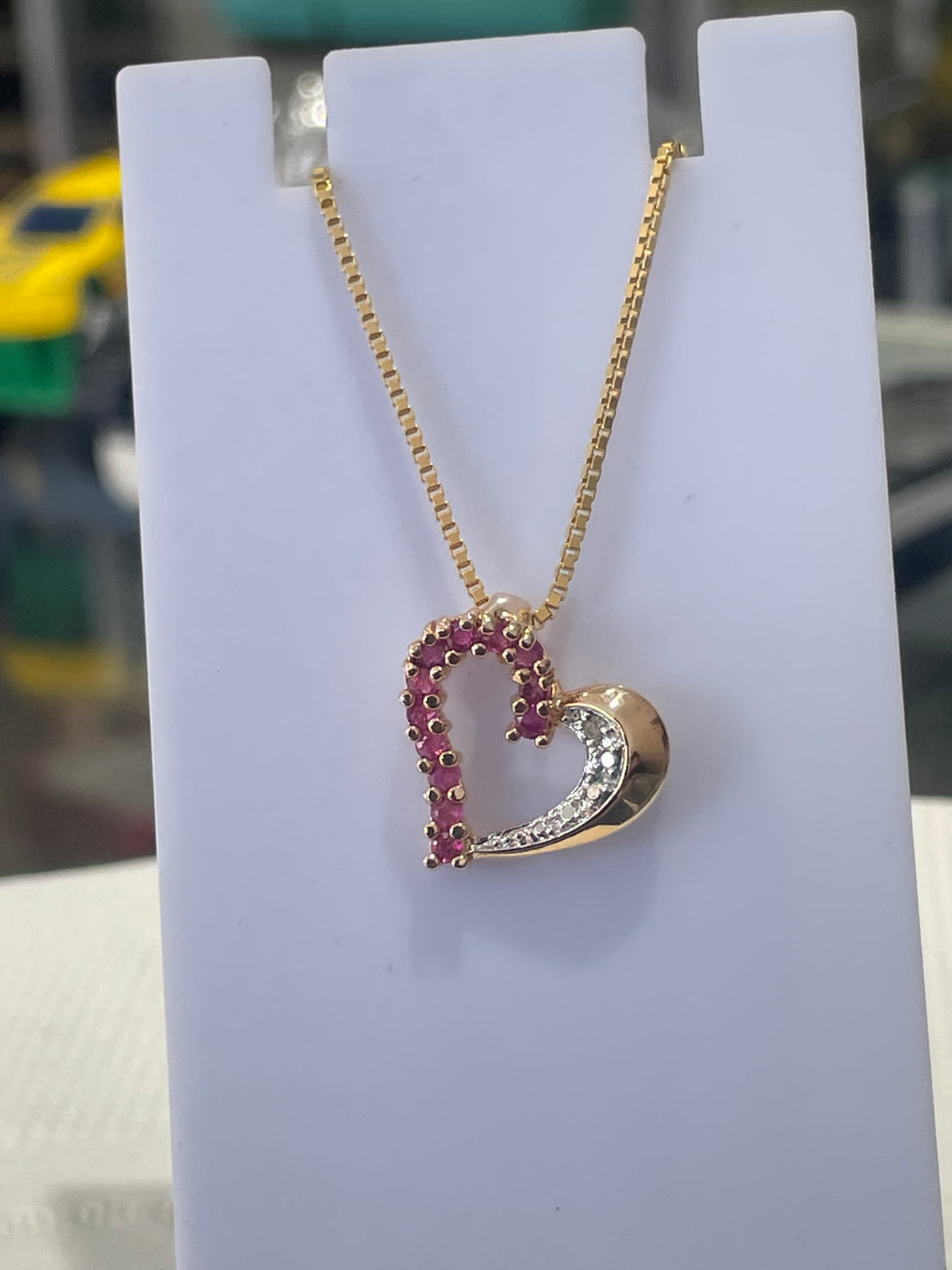 925 Sterling Silver Vermeil Natural Ruby & Diamond Heart Necklace