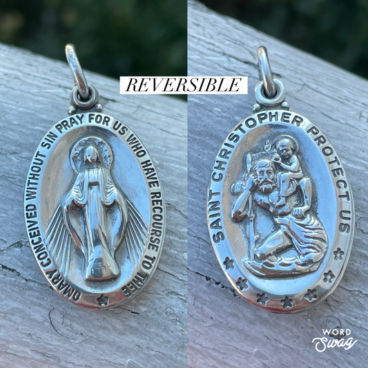 925 Sterling Silver Mother Mary & St. Christopher Reversible Charm Pendant