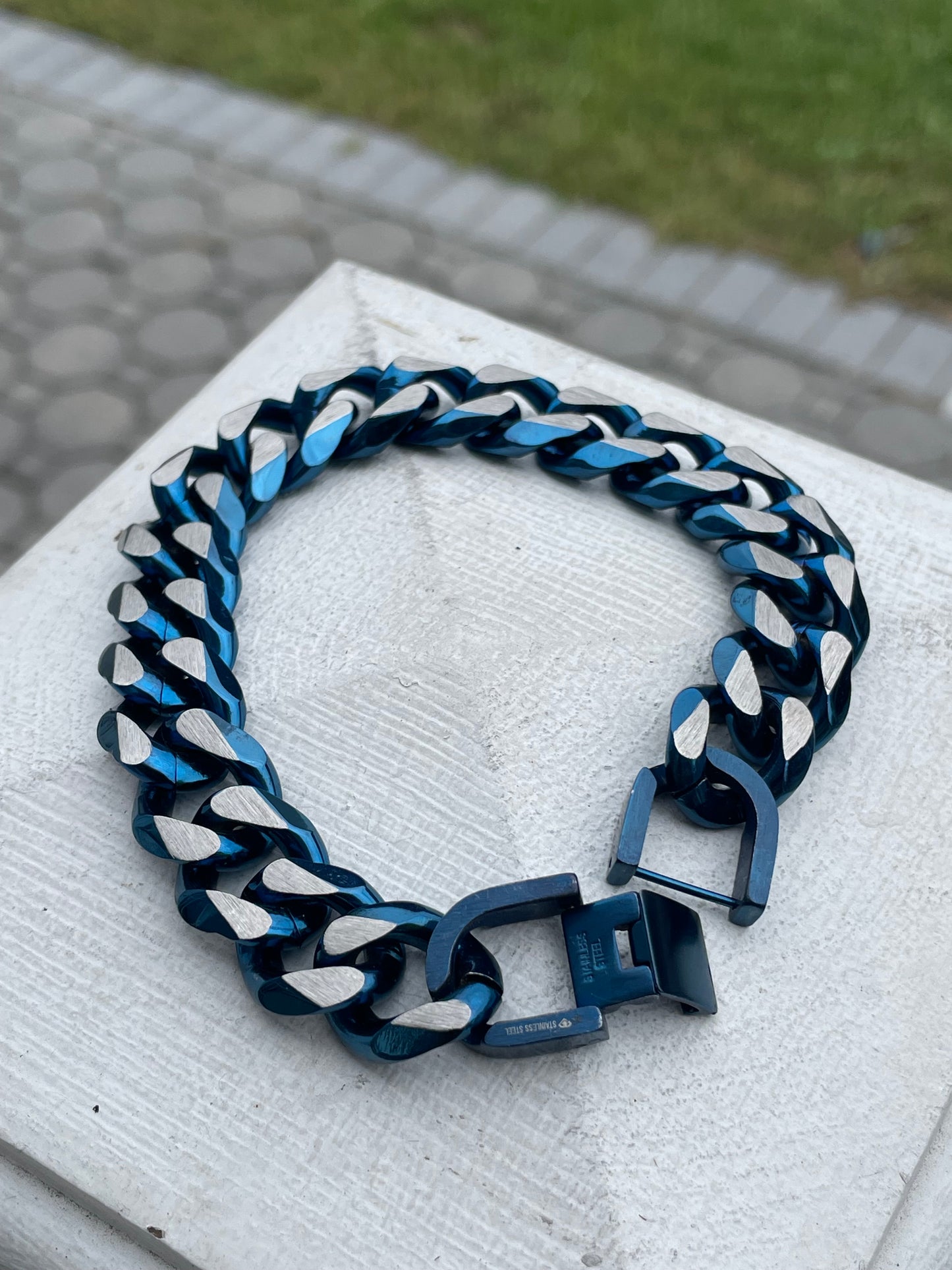 Stainless Steel Blue Rhodium Mens Cuban Link Bracelet