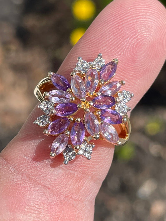 925 Sterling Silver Natural Amethyst & Diamond Cluster Ring Size 7