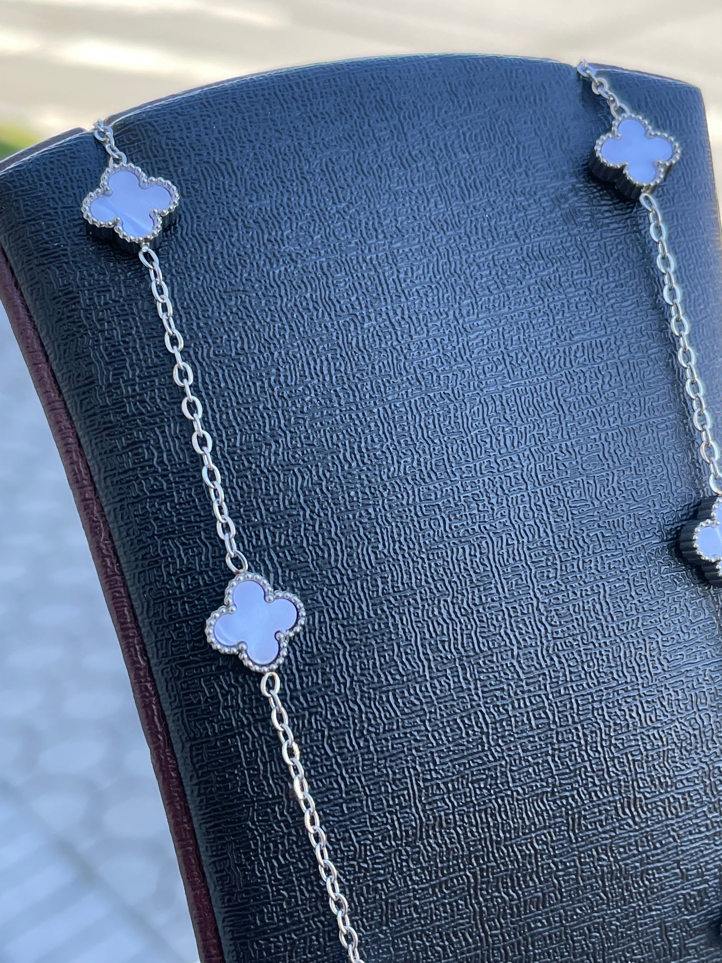 Stainless Steel White Mother of Pearl Mini Clover Station Van Cleef Style Necklace 18-20"