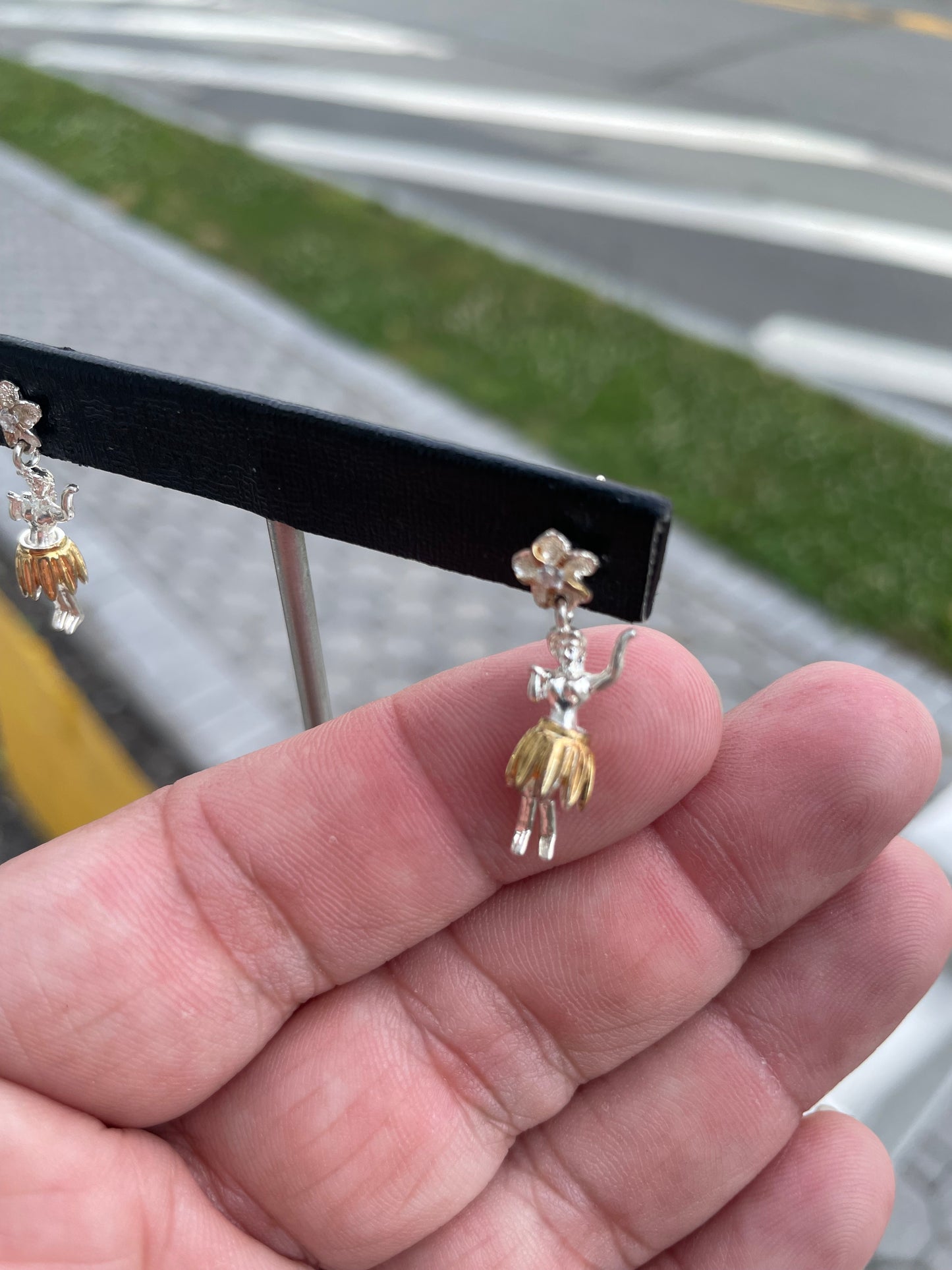 925 Sterling Silver & Vermeil Hula Dancing Girls Dangle Earrings