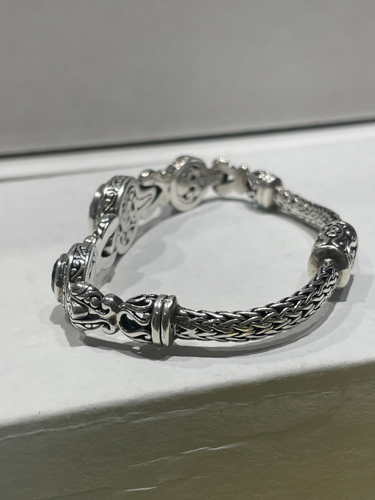 Designer David Schorr (DS) 925 Sterling Silver & 18k Gold Iolite Woven Bracelet