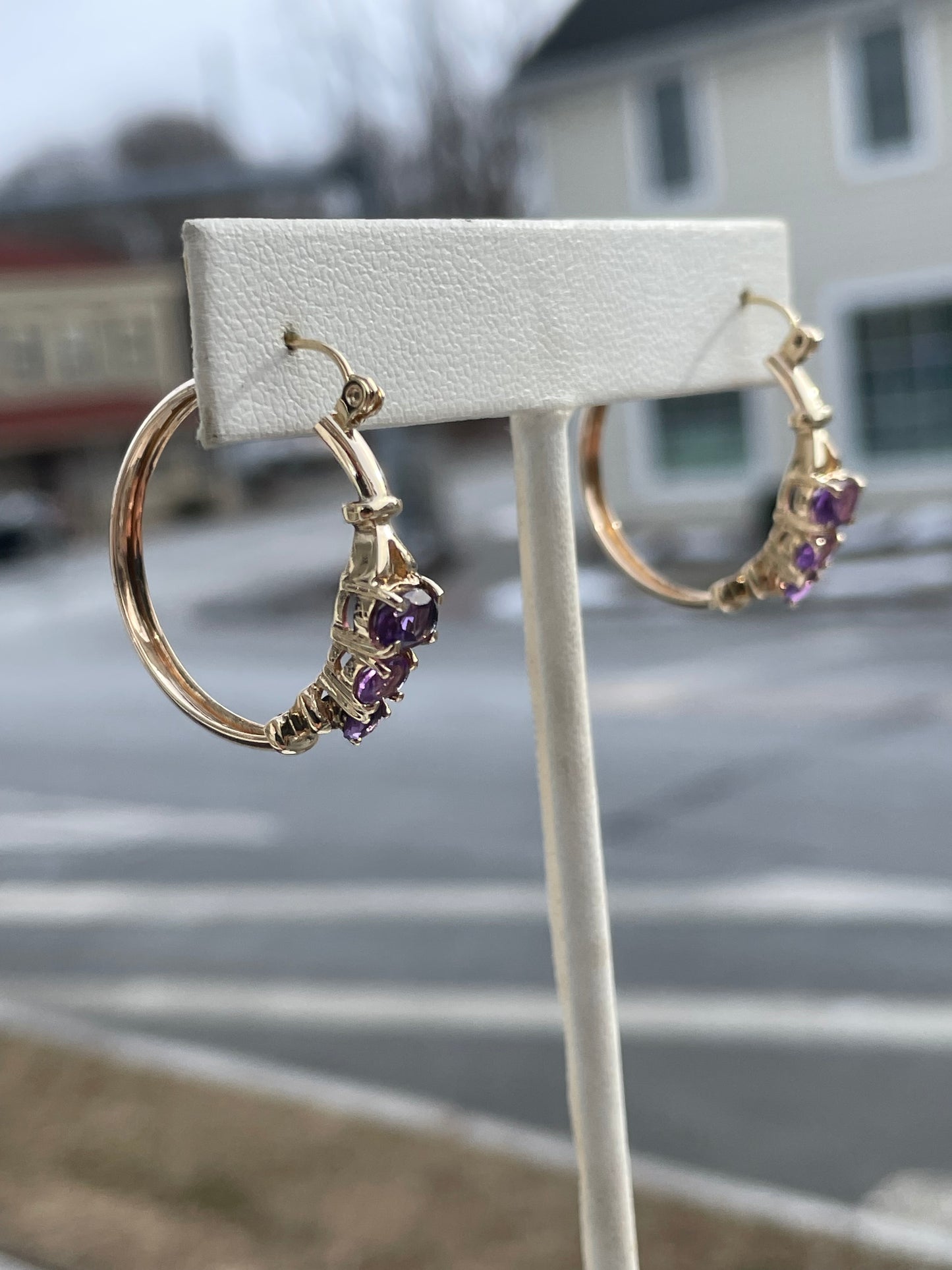 14k Gold Amethyst Past Present Future Hoop Earrings