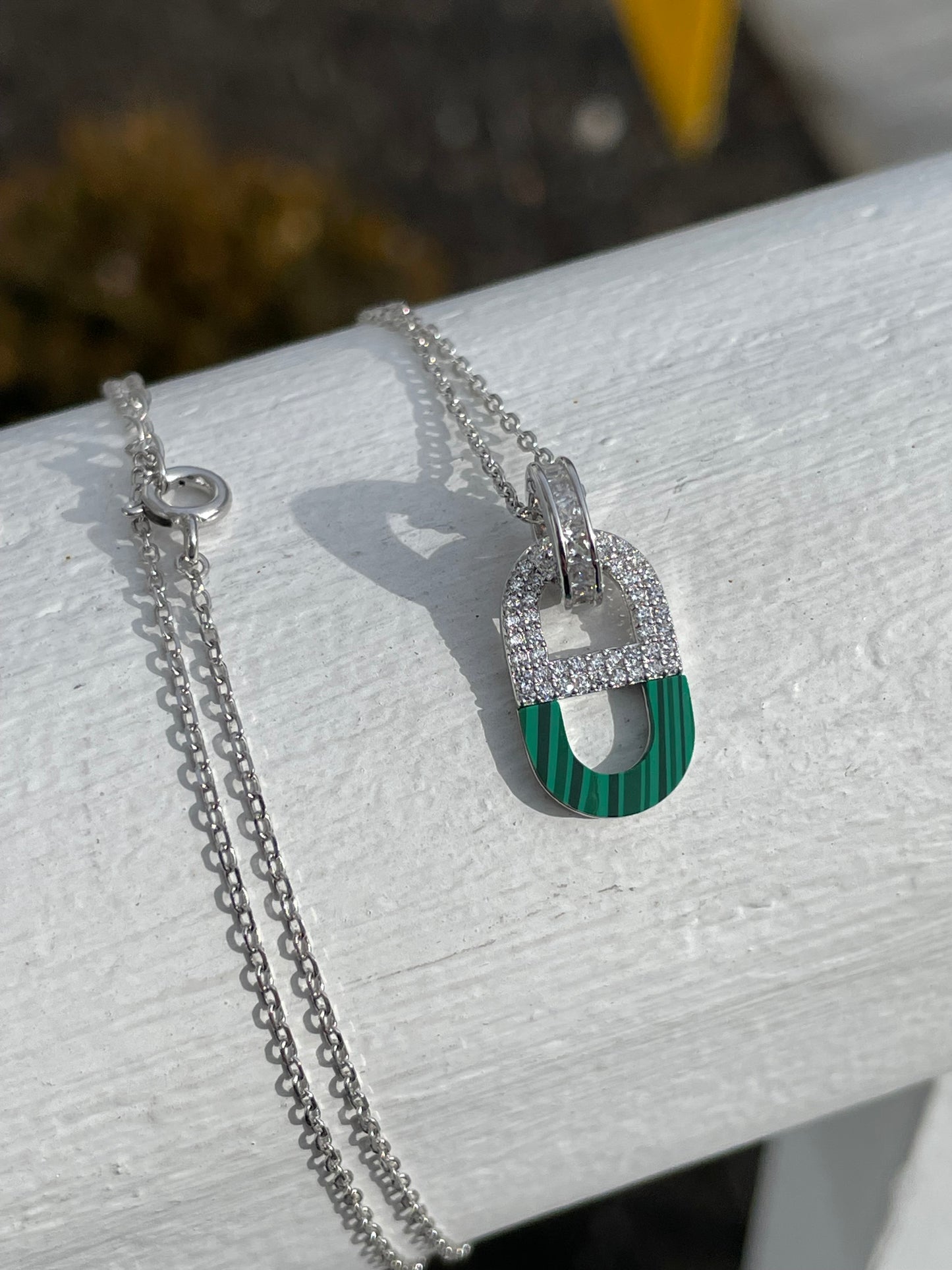 925 Sterling Silver Malachite & Cz Gucci Link Drop Pendant Necklace