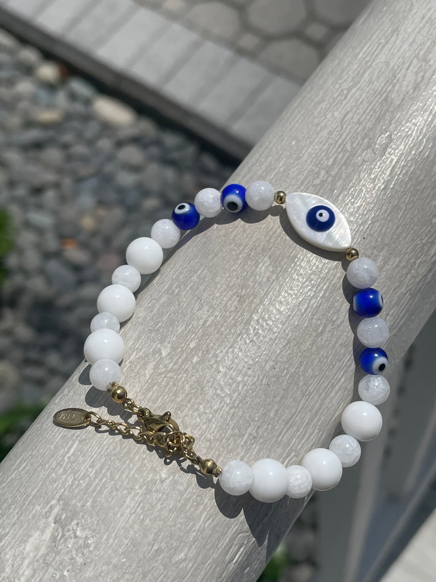 Stainless Steel Vermeil White & Blue Beaded Evil Eye Bracelet 7”-8.5”