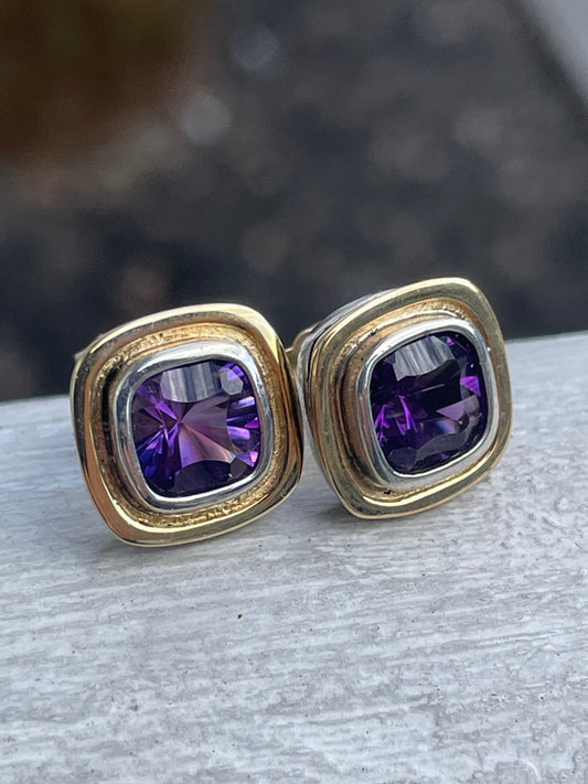 14k Gold & 925 Sterling Silver Bezel Set Amethyst Stud Earrings