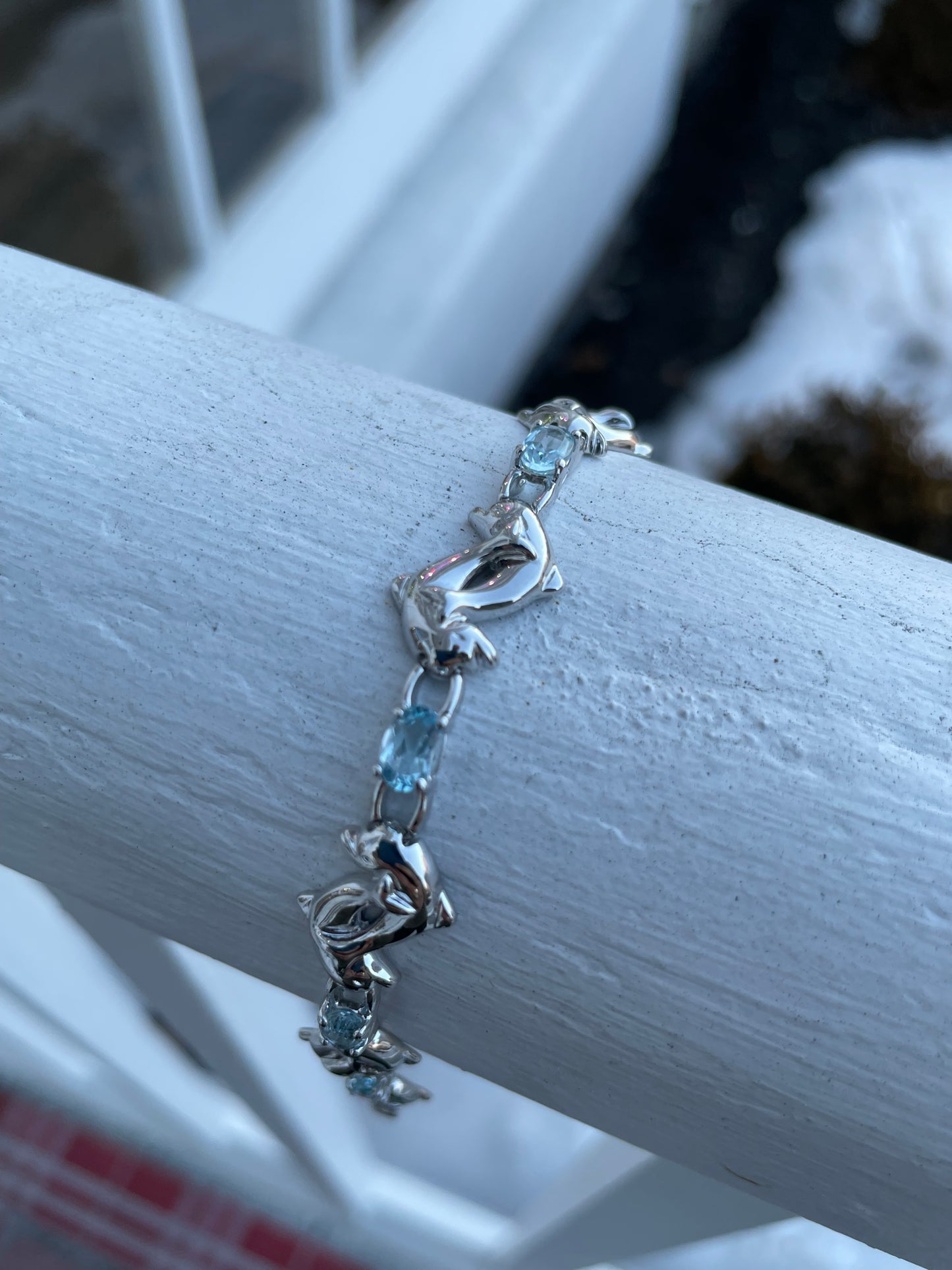 925 Silver Playful Dolphins Blue Topaz Bracelet 7.25”