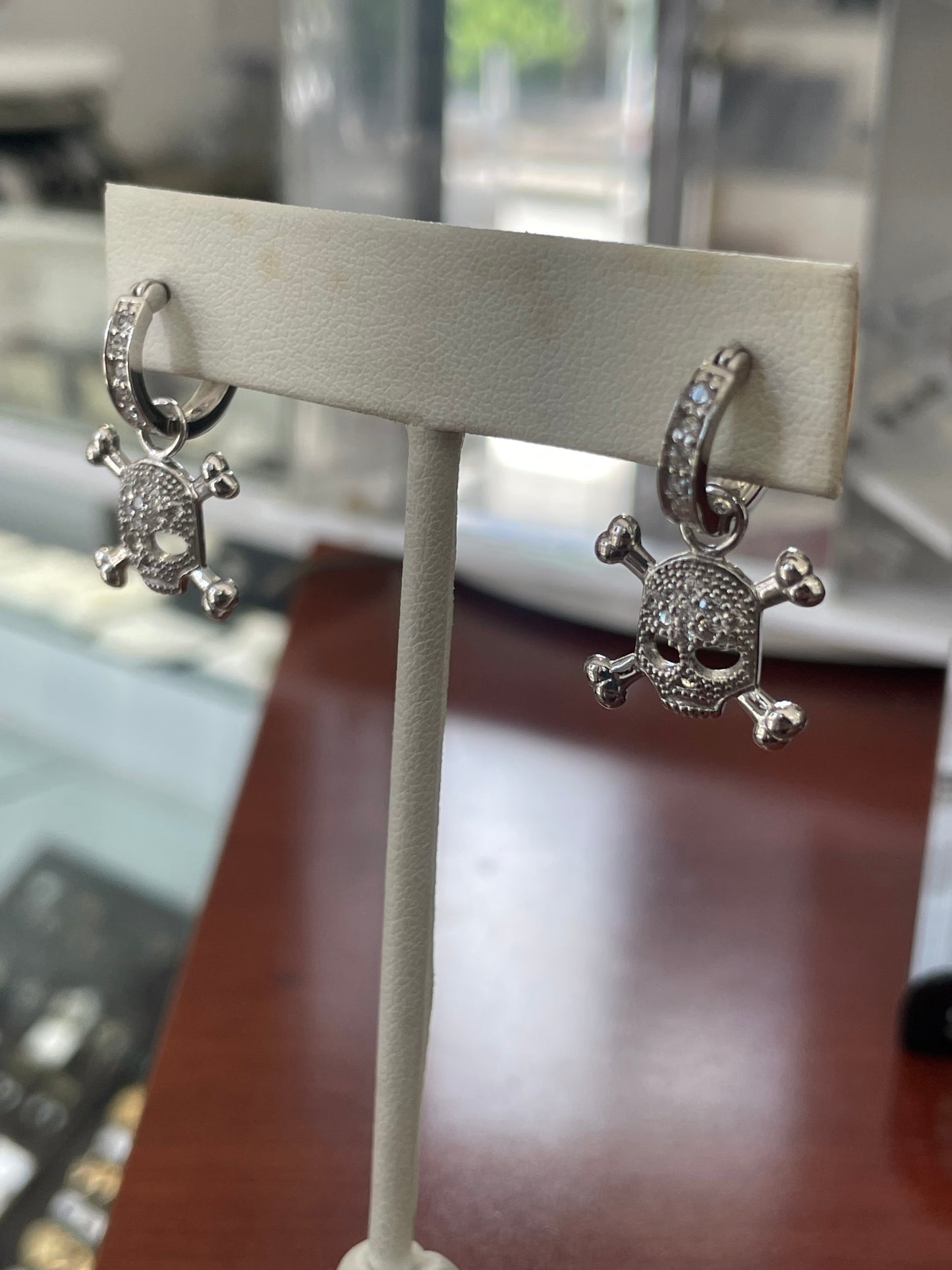 925 Sterling Silver Skull & Crossbones Dangle Huggie Hoop Earrings