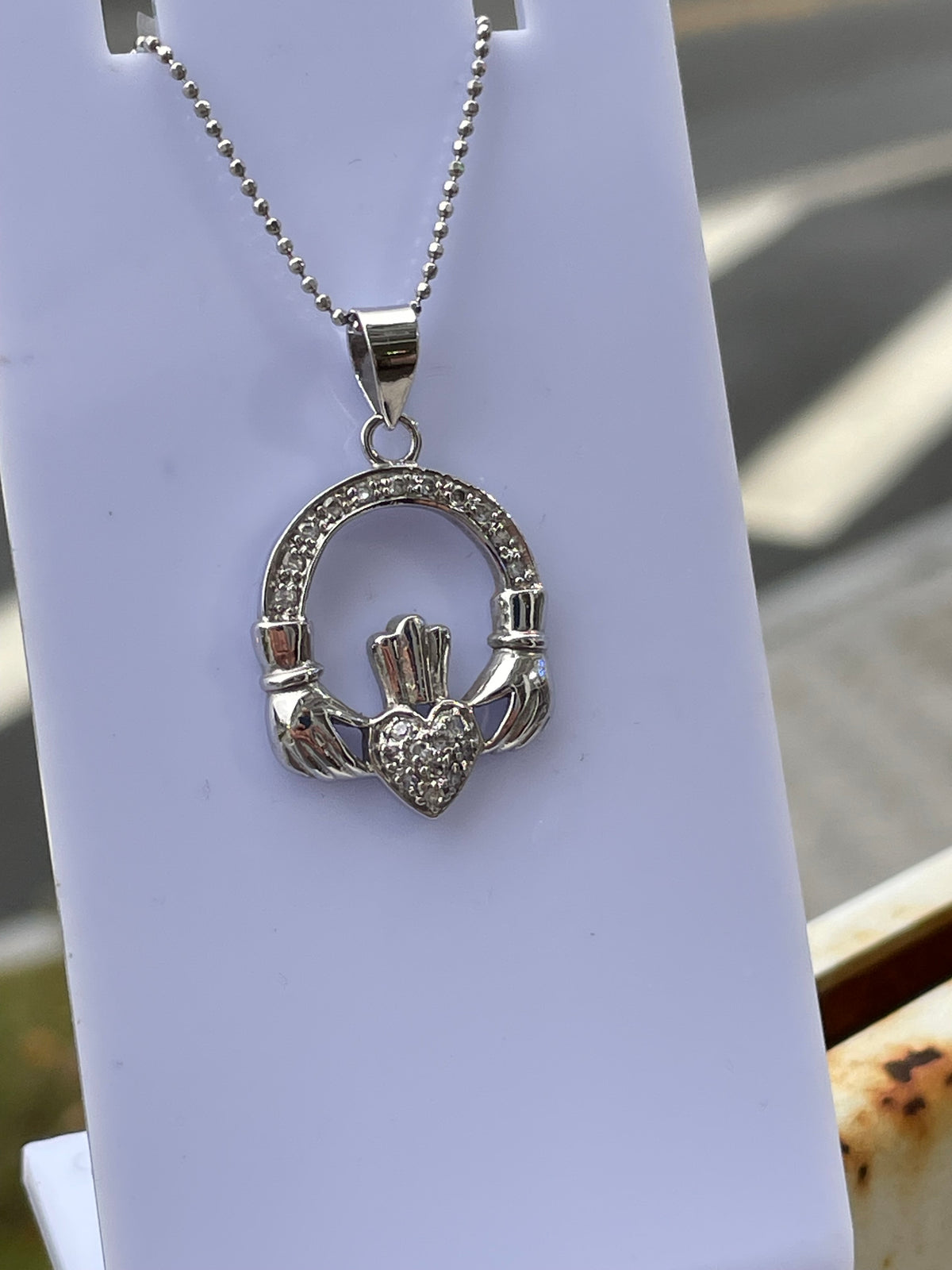 925 Sterling Silver Diamond Irish Claddagh Necklace 18”