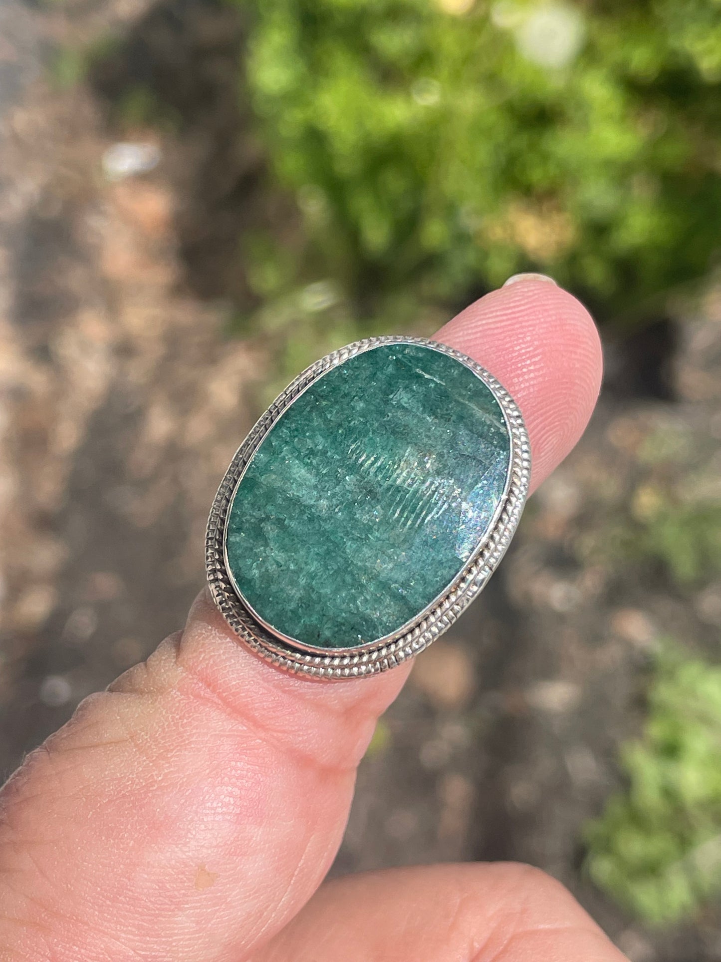 925 Sterling Silver Large Natural Emerald Stone Ring Size 6