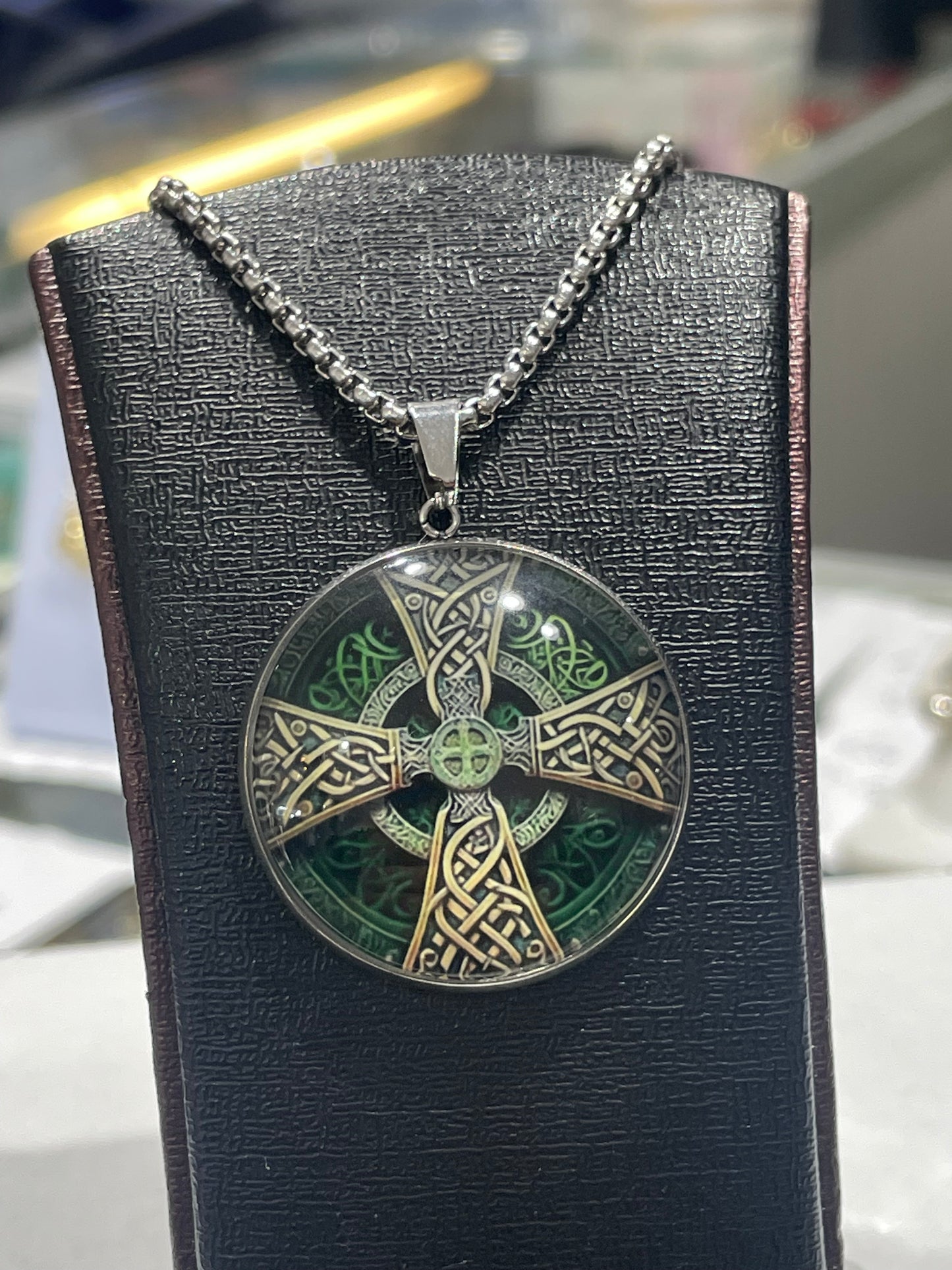 Stainless Steel Irish Cross Amulet Disc Necklace