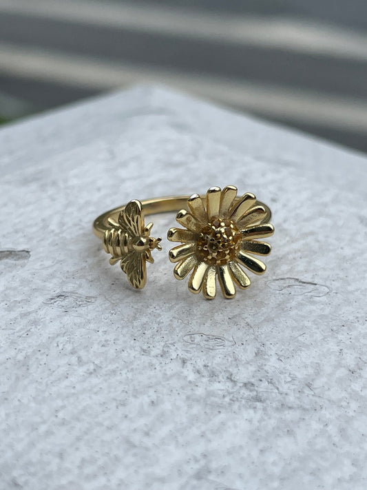 925 Sterling Silver Vermeil Wrap Around Sunflower Bee Ring Open Size