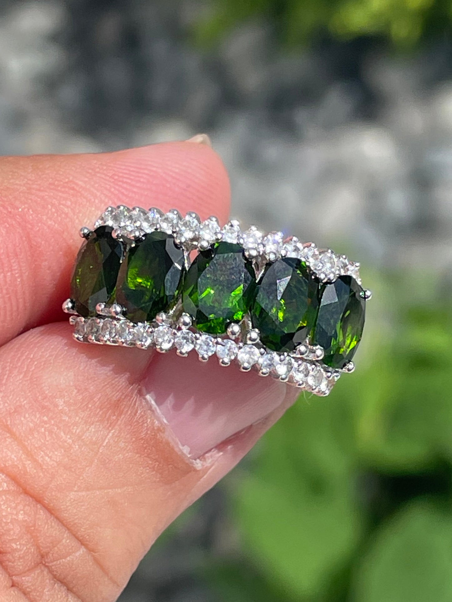 925 Sterling Silver Chrome Diopside & Cz Large Stone Band Ring Size 6
