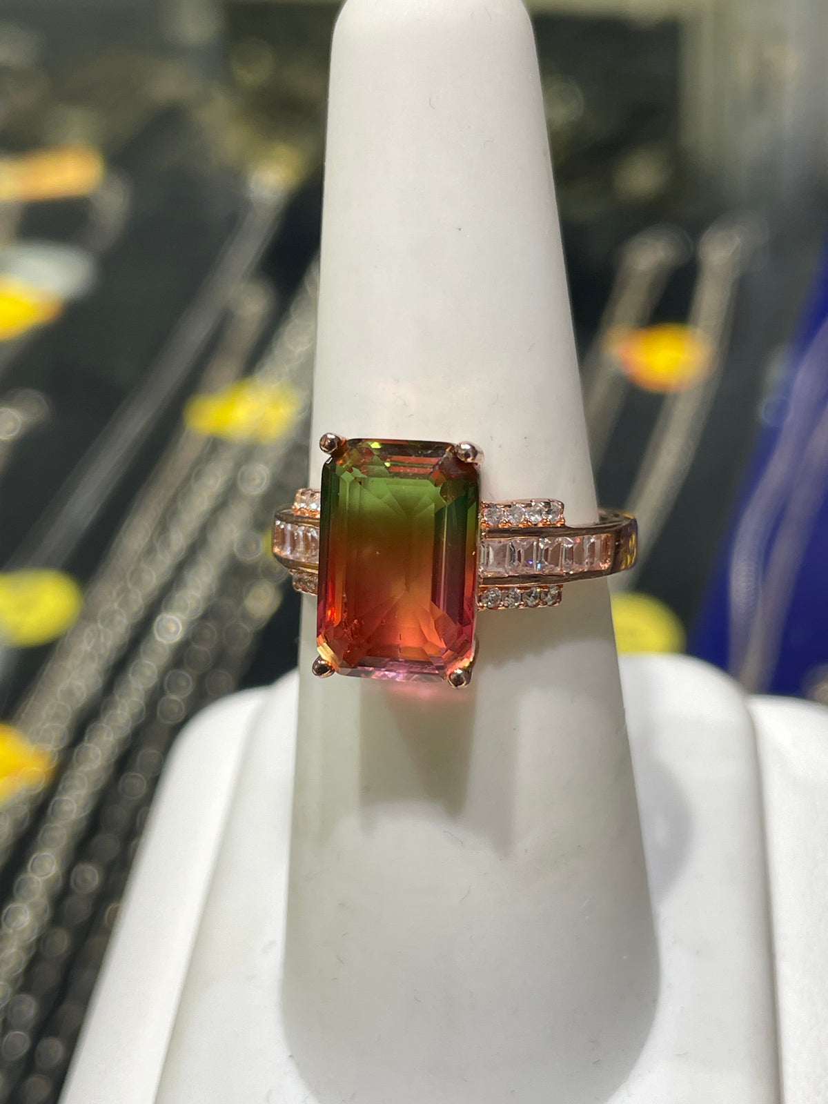 925 Sterling Silver Rose Vermeil Watermelon Quartz & Cz Ring Size 7