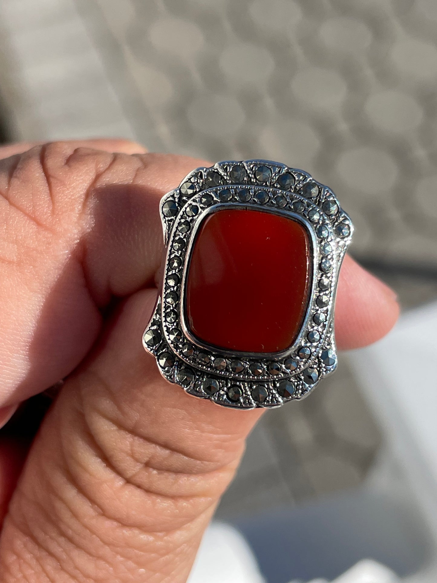 925 Sterling Silver Antique Carnelian & Marcasite Signet Ring Size 6.5