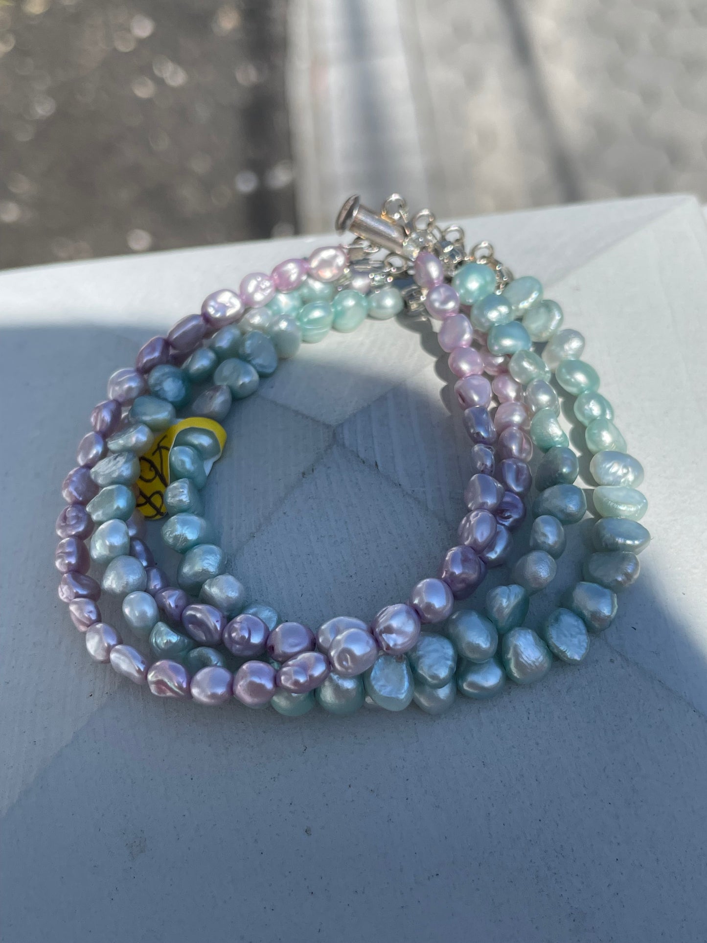 925 Sterling Silver 4Strand Lavender & Teal Pearl Bracelet