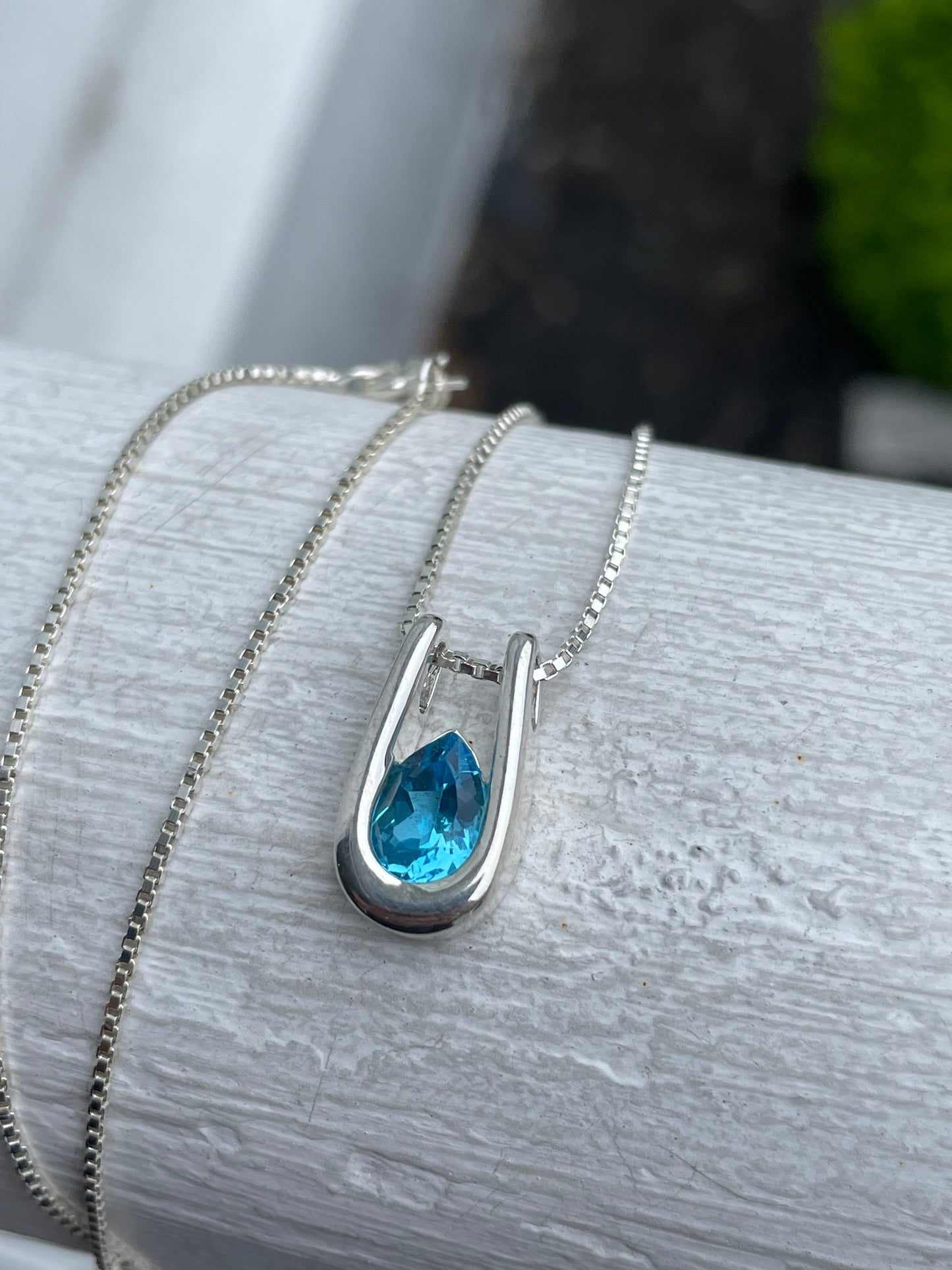 925 Sterling Silver Pear Shape Swiss Blue Topaz Necklace 18”