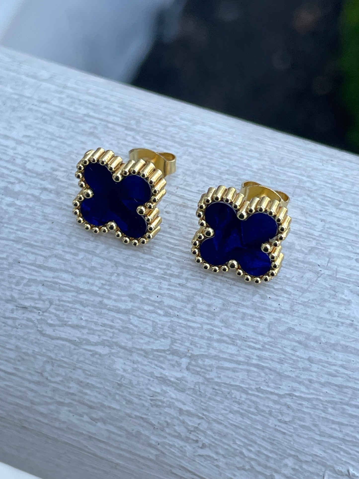 Stainless Steel Vermeil Van Cleef Style Blue Clover Earrings