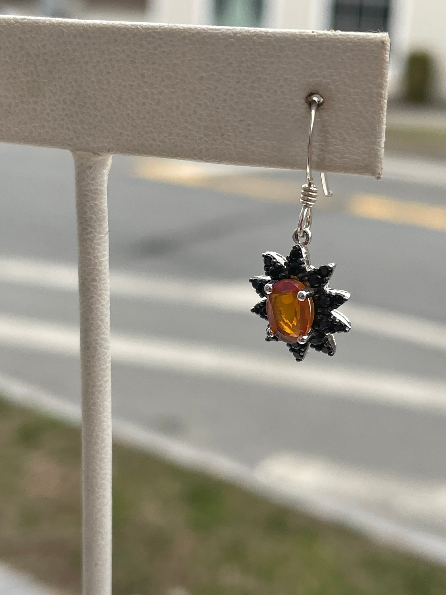 925 Sterling Silver Australian Opal and Black Zirconia Cluster Dangle Earrings