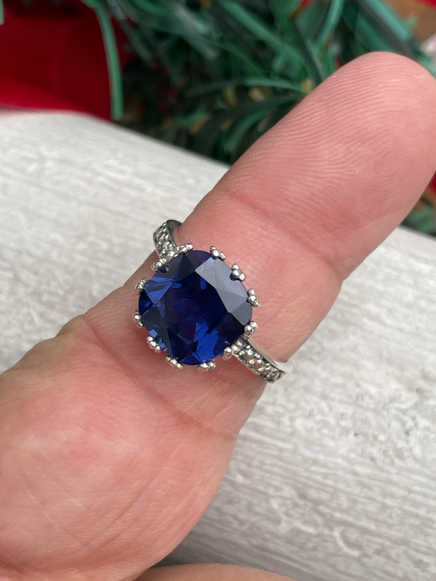 925 Sterling Silver Simulated Sapphire Solitaire Ring Size 8