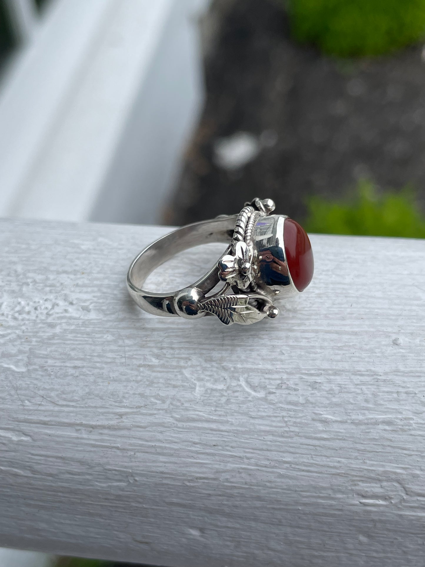925 Sterling Silver Carnelian Solitaire Ring Nature Filigree Setting Size 7.5