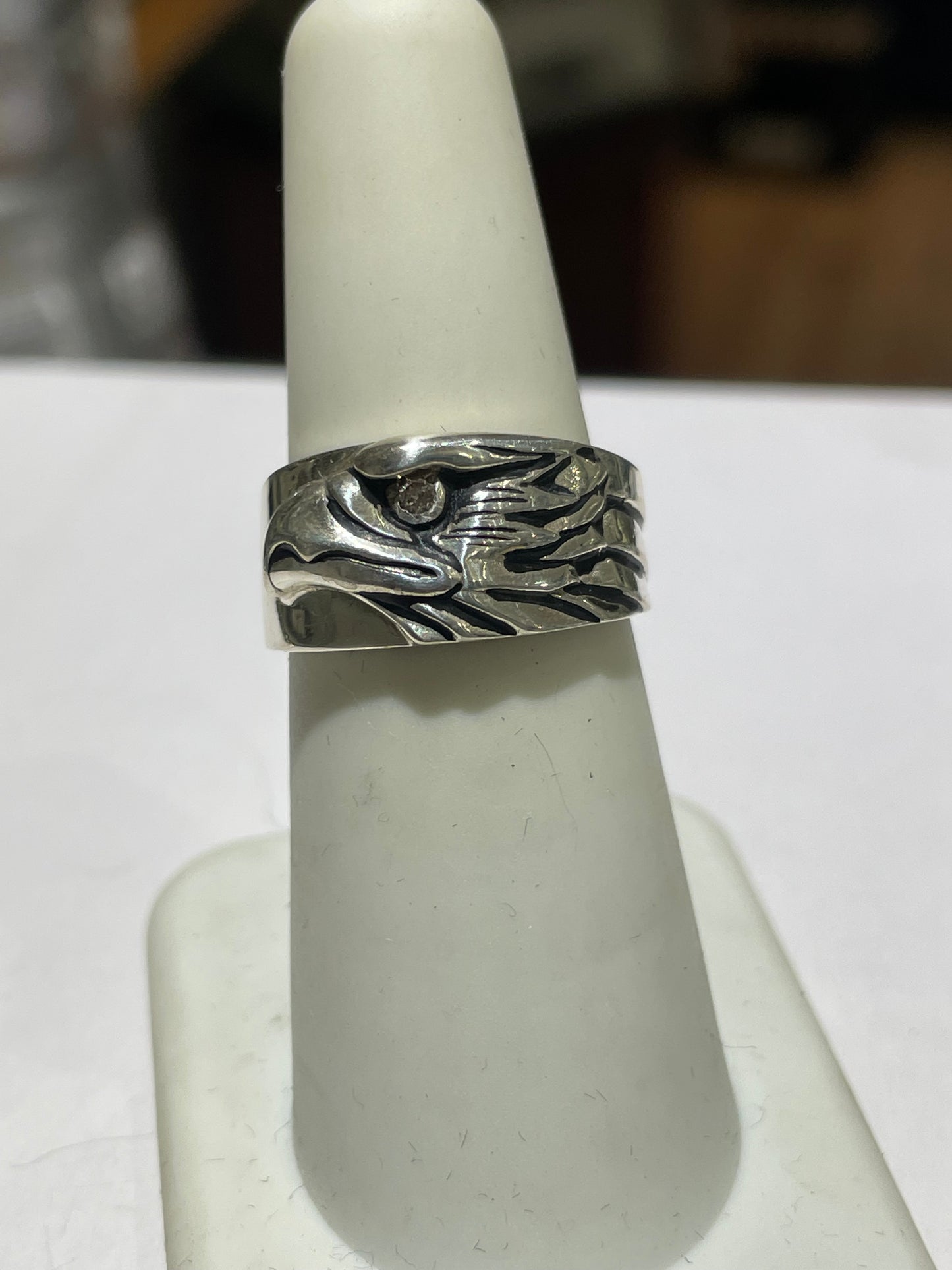 925 Sterling Silver Majestic Eagle Band Ring with Diamond Eye Size 6.5